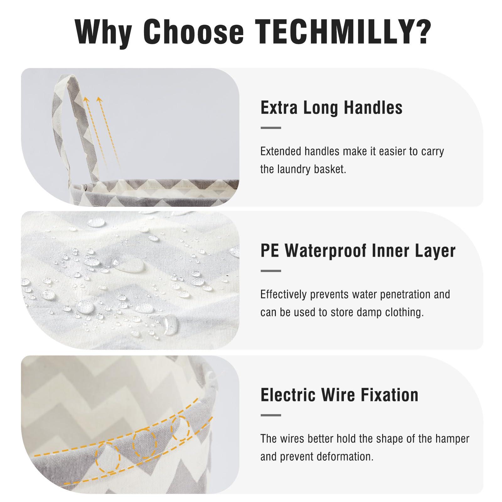 TECHMILLY TECHMILLY Baby Laundry Basket with Long Handles, 63L Collapsible Kids Laundry Hamper, Toy Storage Basket for Nursery, Bedroom Decor for Girls and Boys (Grey Chevron)