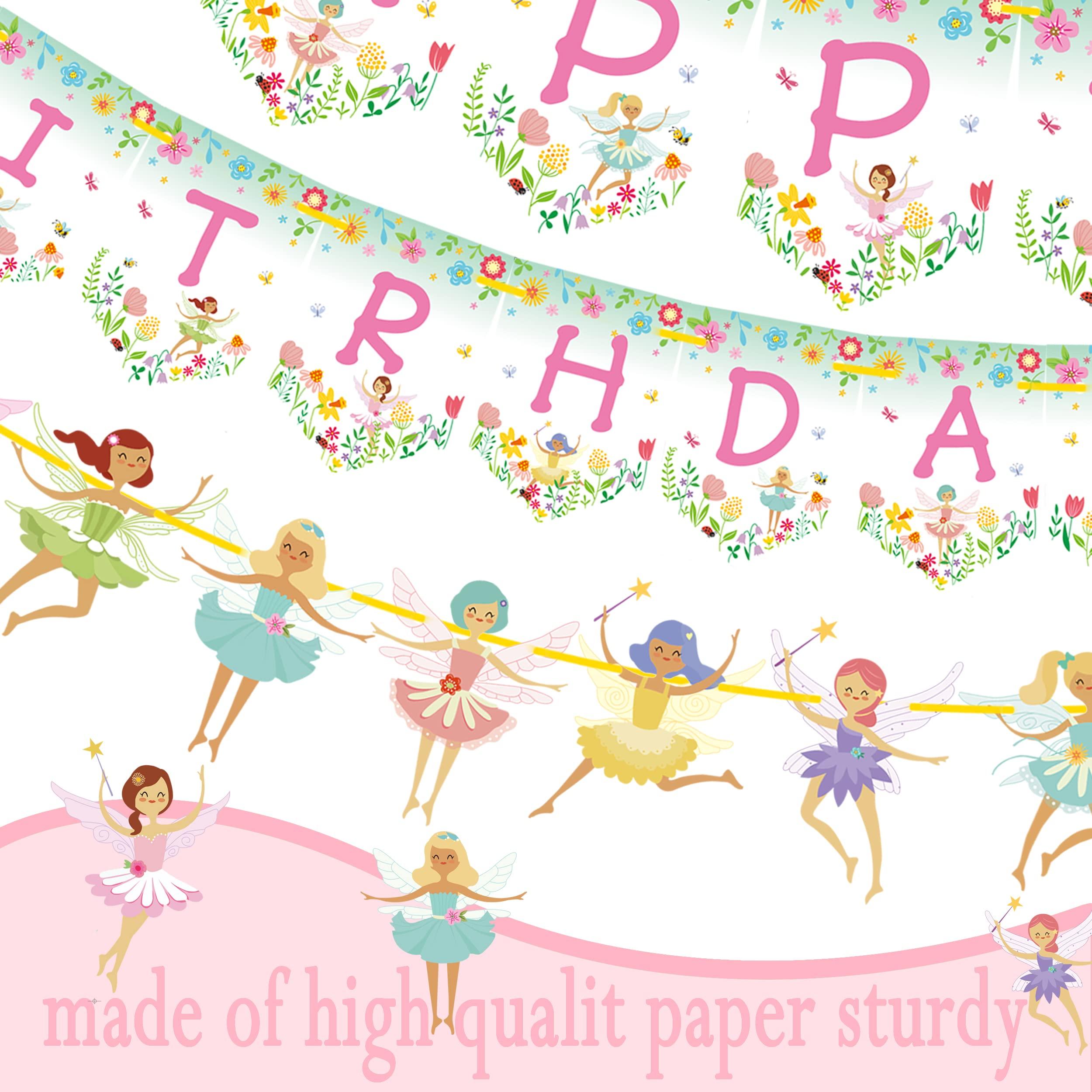 iPartyFun Fairy Birthday Party Decoration Flower Fairies Girls Birthday Banner Fairy Hanging Decoration Colorful Happy Birthday banner Fairy Party Favors Fairy Garden Decoration for Fairy Theme Birthday Party