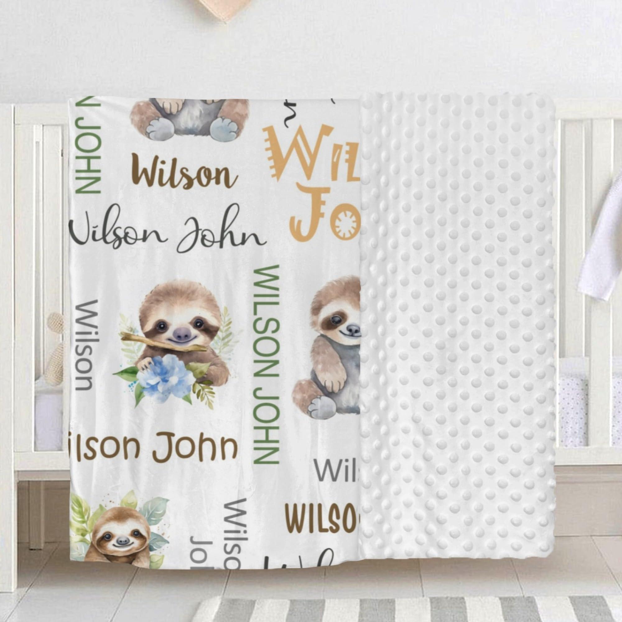 Novusopt Customized Sloth Baby Blanket with Name Double Layer Soft Plush Minky Baby Blanket Dotted Backing Personalized Baby Blankets for Girls Kids Nursery Newborn Toddler Receiving Blankets Girl