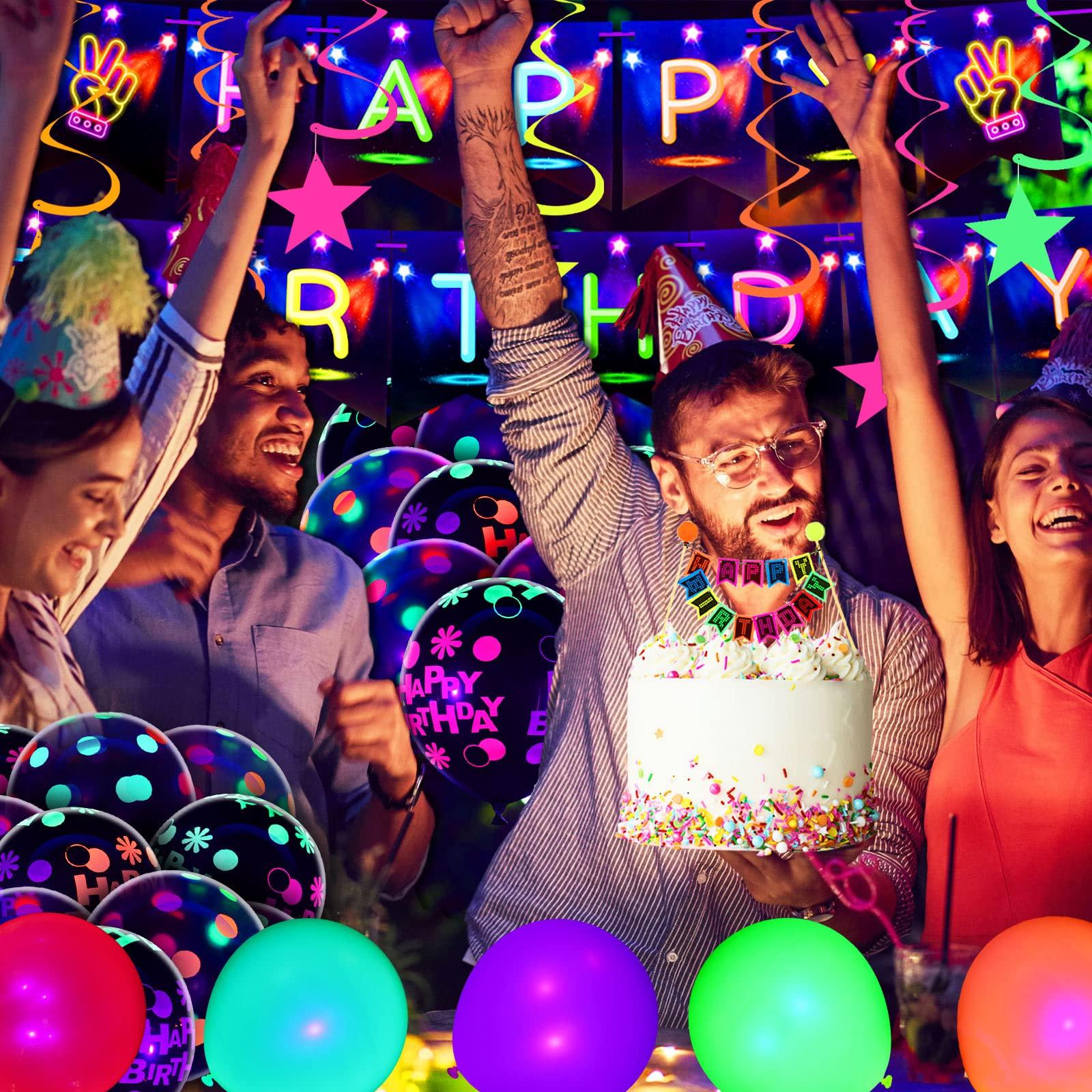 Zhanmai Zhanmai Neon Party Decorations Glow in the Dark Birthday Supplies Set Neon Balloons Fluorescent Happy Birthday Banner Tablecloth Blacklight Hanging Stars Cake Toppers for Glow Party Halloween Decor