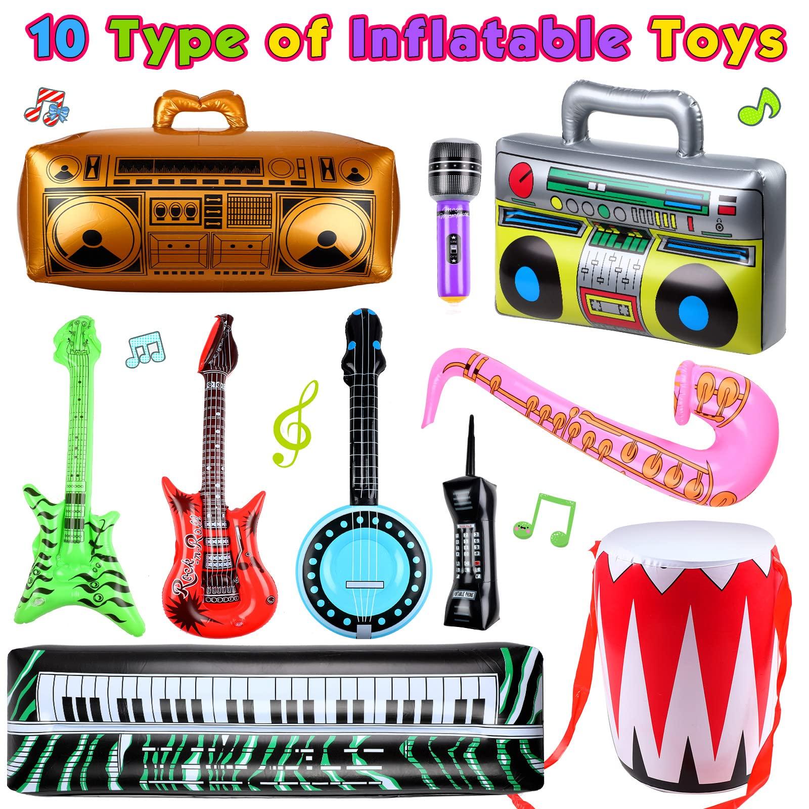 Seematn 42 Pcs Inflatable Rock Star Toy Set, Inflatable Party Props Musical Instrument 80s Party Decorations 90s Theme Party Decorations Including Inflatable Guitars Bass Guitar Saxophone Microphones and More