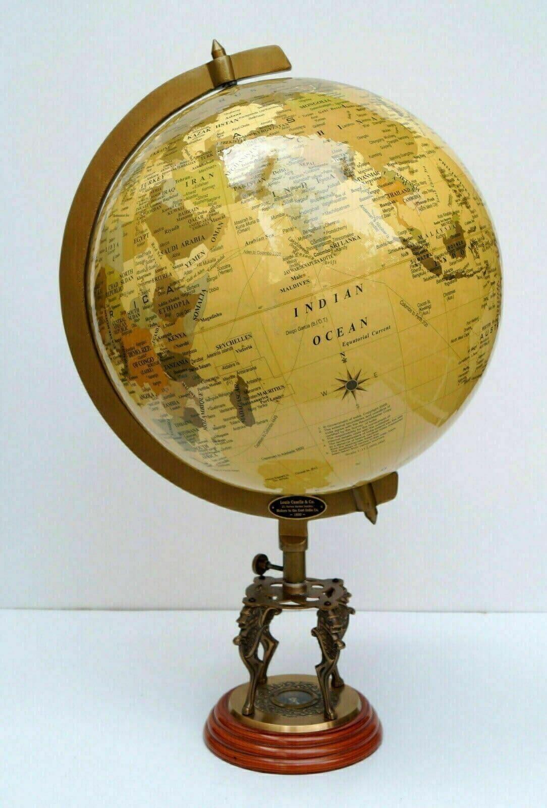 ALFA NAUTICAL Globe World Map Earth Globes With Designer Lions Wooden Base Compass Globe