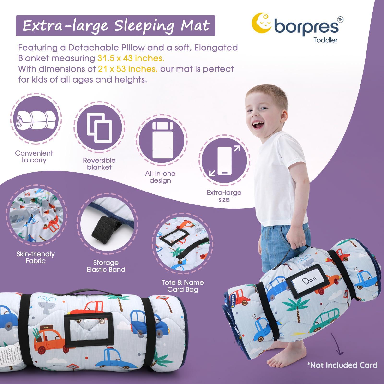 BORPRES Nap Mat with Pillow Blanket Set: Cars Sleeping Mats for Toddler Kids - Thick Large Roll up Slumber Bag for Daycare Preschool Kindergarten Boys Girls