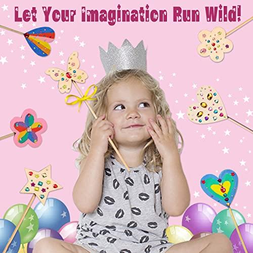WUBOMJIO WUBOMJIO Princess Fairy Wands Craft Kit, Kid Birthday Party Supplies Make Your Own Magic Wands Include Unfinished Wooden Fairy Wands, Gem Stickers, Ribbons, Ideal Gift for Kids 6+(14 PCS)