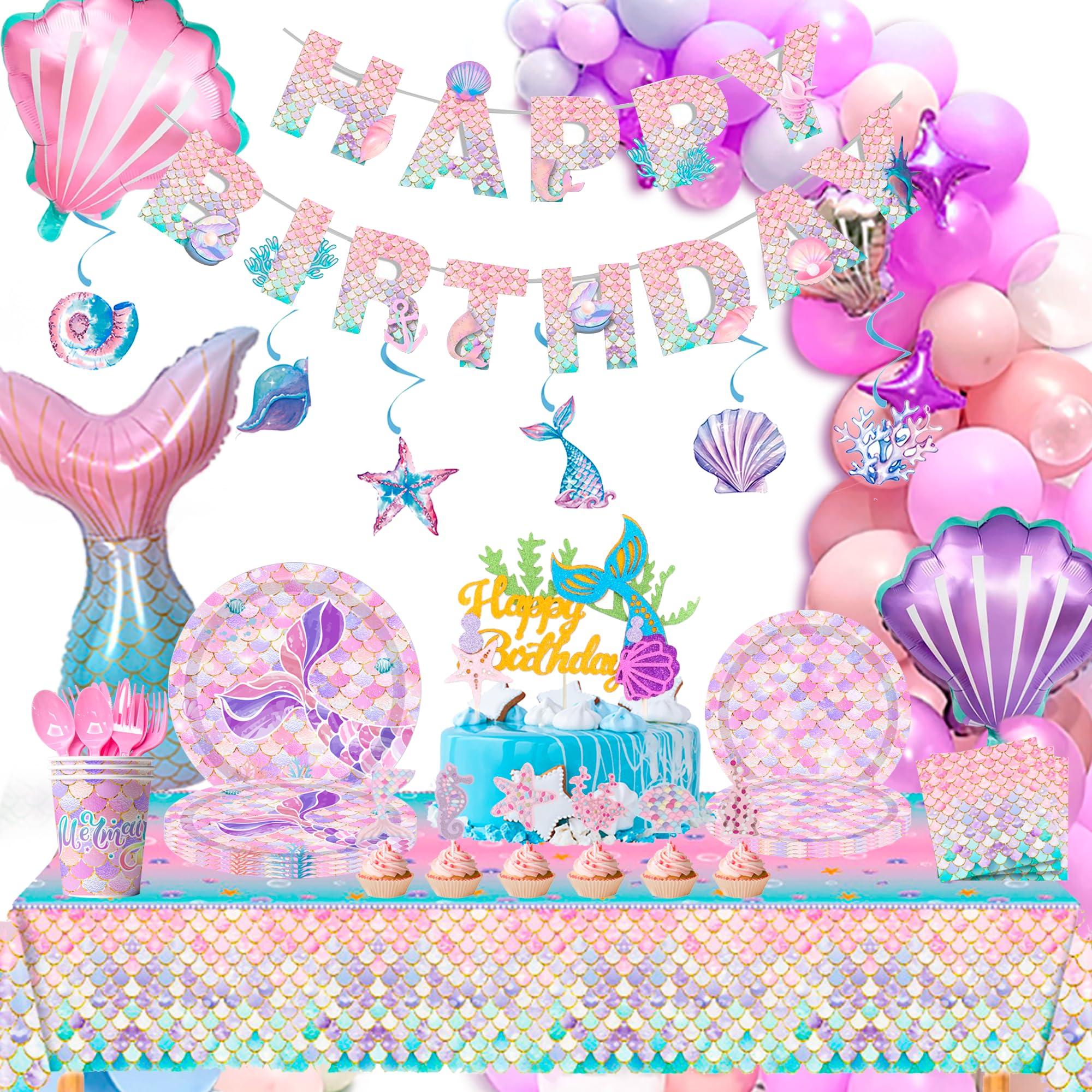 Fruitful Jewelry Mermaid Party Supplies,132 Pcs Mermaid Birthday Party Decorations Kit Mermaid Birthday Plates Cups Napkins Tablecloth Mermaid Banner Balloons Hanging Swirl etc Mermaid Birthday Decorations