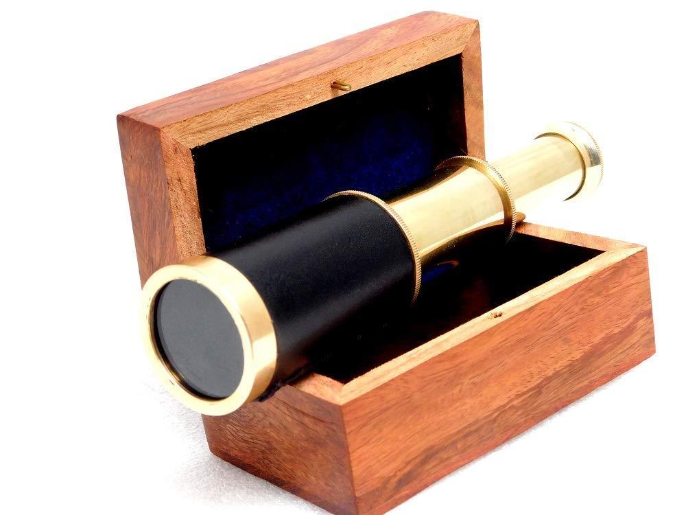 ROYALANTIQUE 6 Inch Full Brass Handed Telescope with Heavy Polished Wooden Box