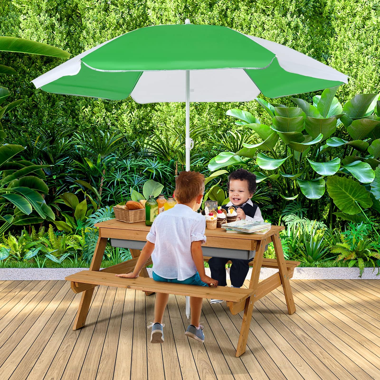 Costzon Costzon Kids Picnic Table, 3 in 1 Sand & Water Table w/Height Adjustable Umbrella, Removable Tabletop, Children Outdoor Toy Playset w/2 Play Boxes, Wooden Convertible Activity Play Table