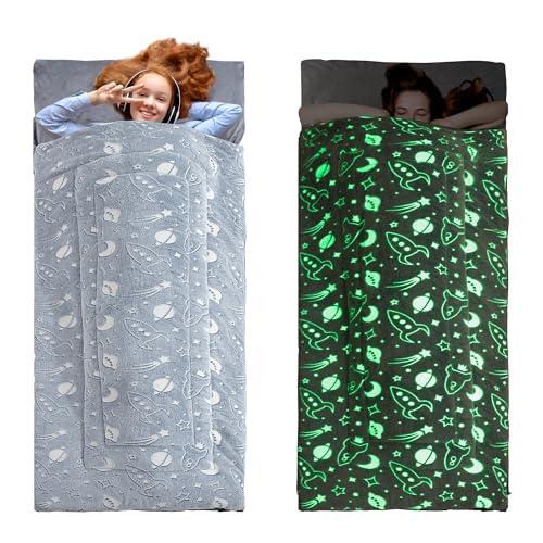 HOMBYS HOMBYS Glow in the Dark Sleeping Bags for 10~12 Years Old Kids, 84\"x30\" Soft Kids Nap Mat with Pillow and Blanket for Daycare School, Grey Travel Sleep Bag for Childern Girls Boys Truck Travel Camping