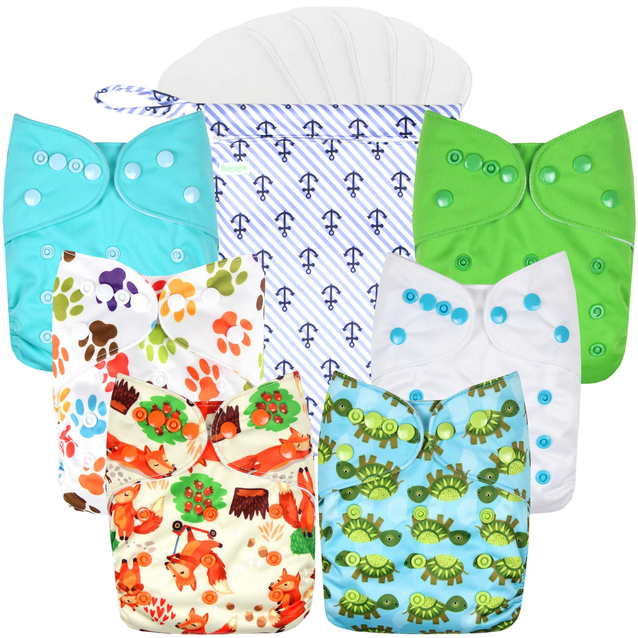 wegreeco wegreeco Cloth Diapers 6 Pack with 6 Inserts & 1 Wet Bag, Washable Cloth Diapers for Babies, One Size Adjustable Reusable Diapers Baby (Neutral Prints)