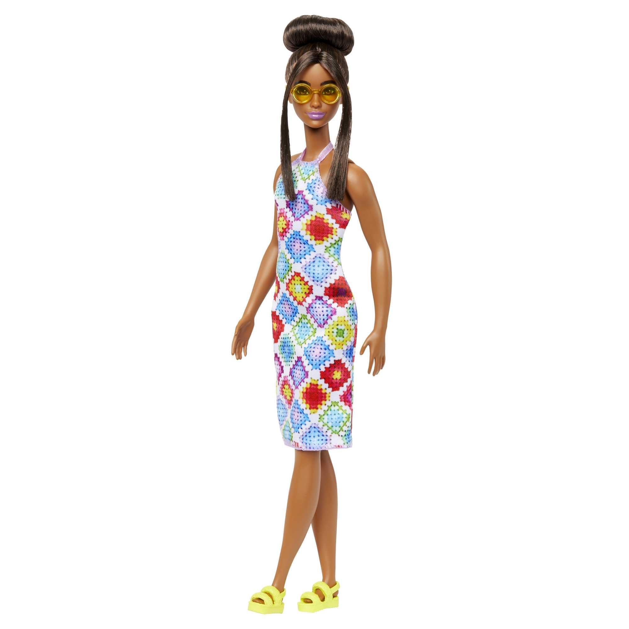 Barbie Barbie Fashionistas Doll #210 with Brunette Hair in Bun Wearing Removable Colorful Crochet Halter Dress, Sunglasses & Sandals