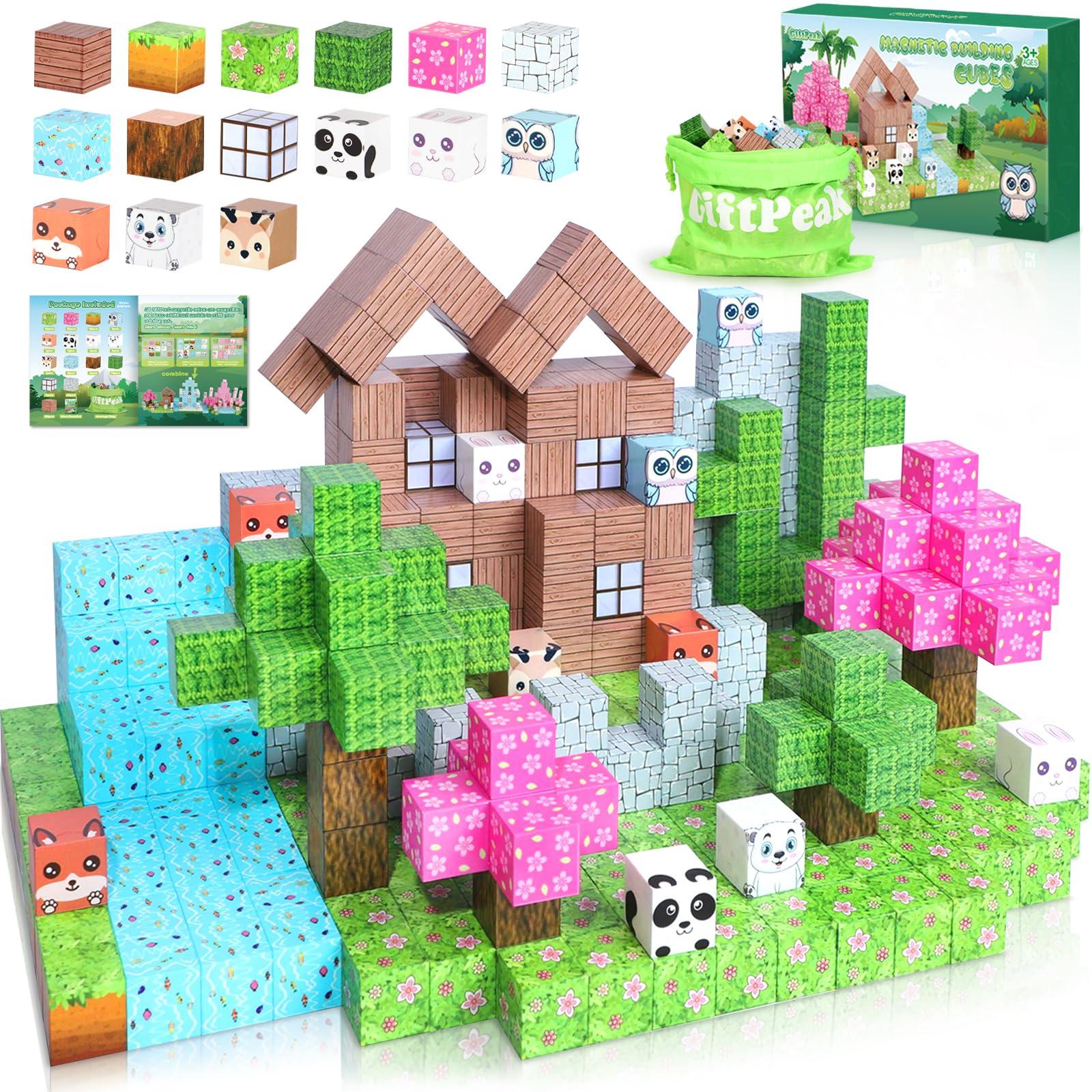 GiftPeak Magnetic Blocks-100PCS Minecraft Magnetic Blocks Magnetic Magnetic Blocks for Kids Ages 4-8 Forest Set Magnetic Minecraft Blocks for Boys Girls,STEM Montessori Sensory Toys for Kids