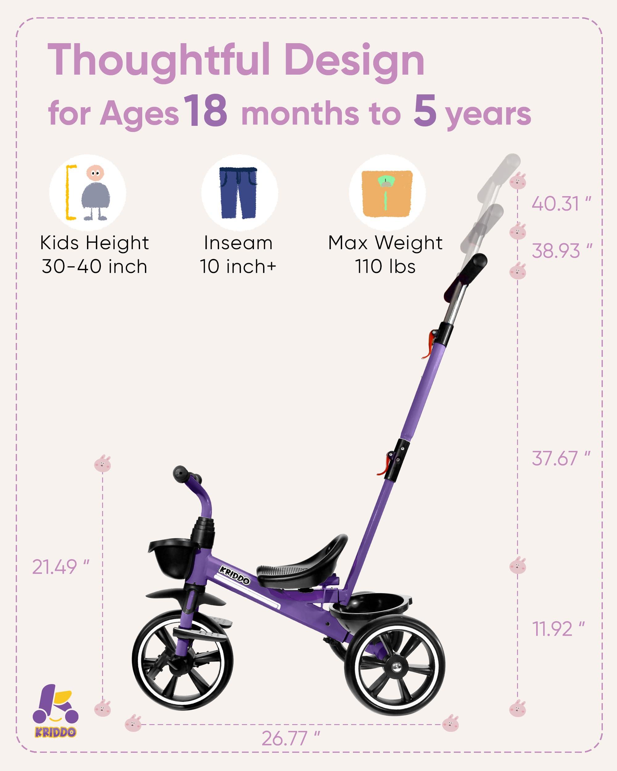 KRIDDO KRIDDO 2-in-1 Toddler Tricycle for Ages 18 Months to 5 Years Old - Extended Push Handle for Effortless Push, Gift Trike for Toddler 3 to 5 Year, Kids Tricycle with Foldable Front Footrest, Purple