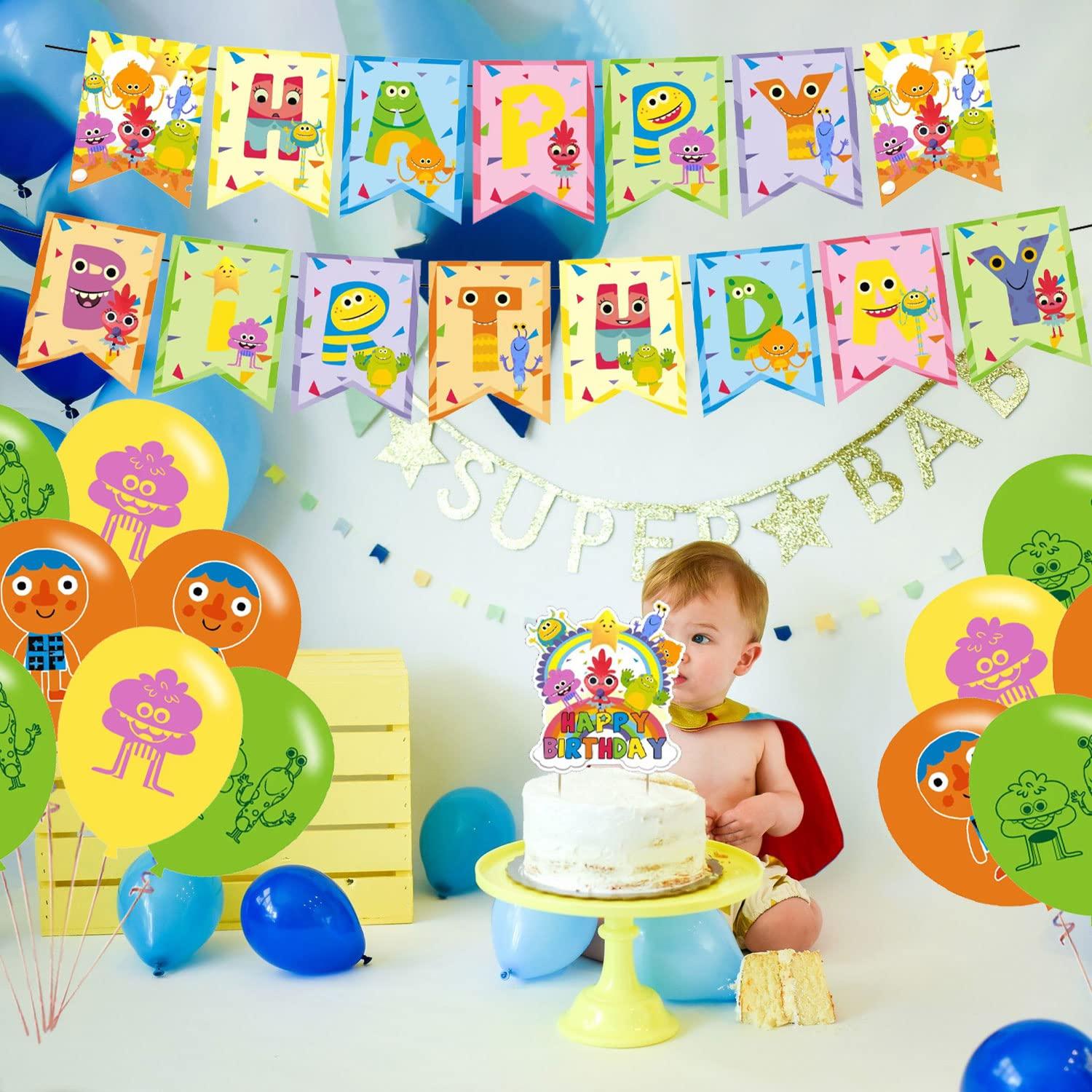 KGNZUIZIU Super Simple Songs Birthday Party Decorations, Cartoon Kids Songs Party Supplies with Happy Birthday Banner, Cupcake Cake Toppers, Balloons for Kids Birthday Party Baby Shower Decorations