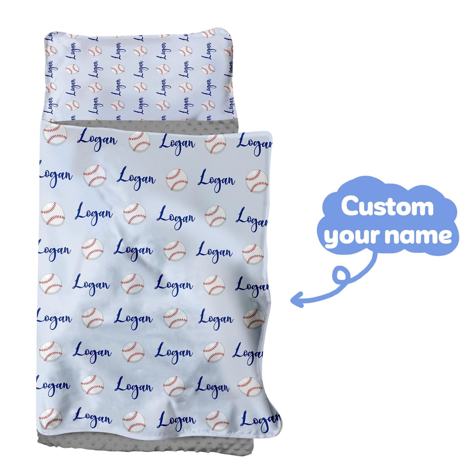 Evulum Custom Nap Mat for Daycare Toddler Boys - Sleeping Bag for Kids Nap Mats with Pillow Blanket for Preschool Kindergarten, Personalized Name Easy Carry Nap Sack Baby Blue Baseball