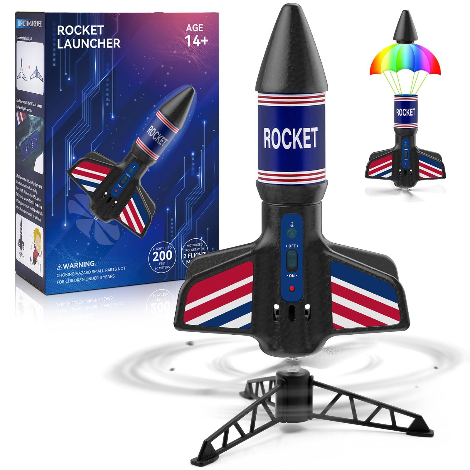 Eieymct Rocket Launcher for Kids - Self-Launching 200ft Motorized Air Rocket Toy, Flying Model Rocket Kits with Launch Set, Outdoor Electric Rocket Toys with Parachute, Birthday Toy Gifts for Boys 8-12