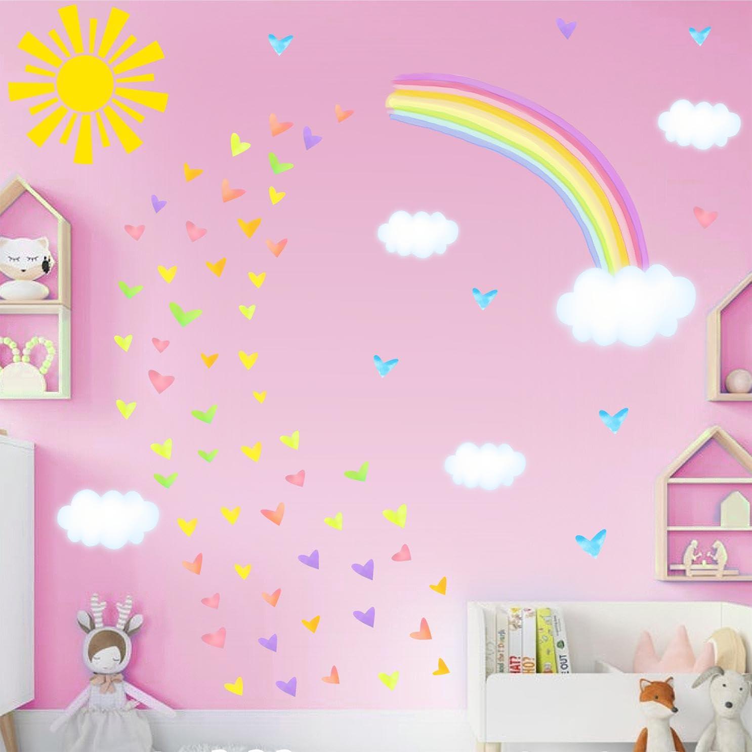 IKEYU IKEYU Colorful Rainbow Wall Stickers Sun Clouds Wall Decals Watercolor Heart Wall Stickers Large Rainbow Wall Decals for Kids Room Nursery Girls Bedroom Decor
