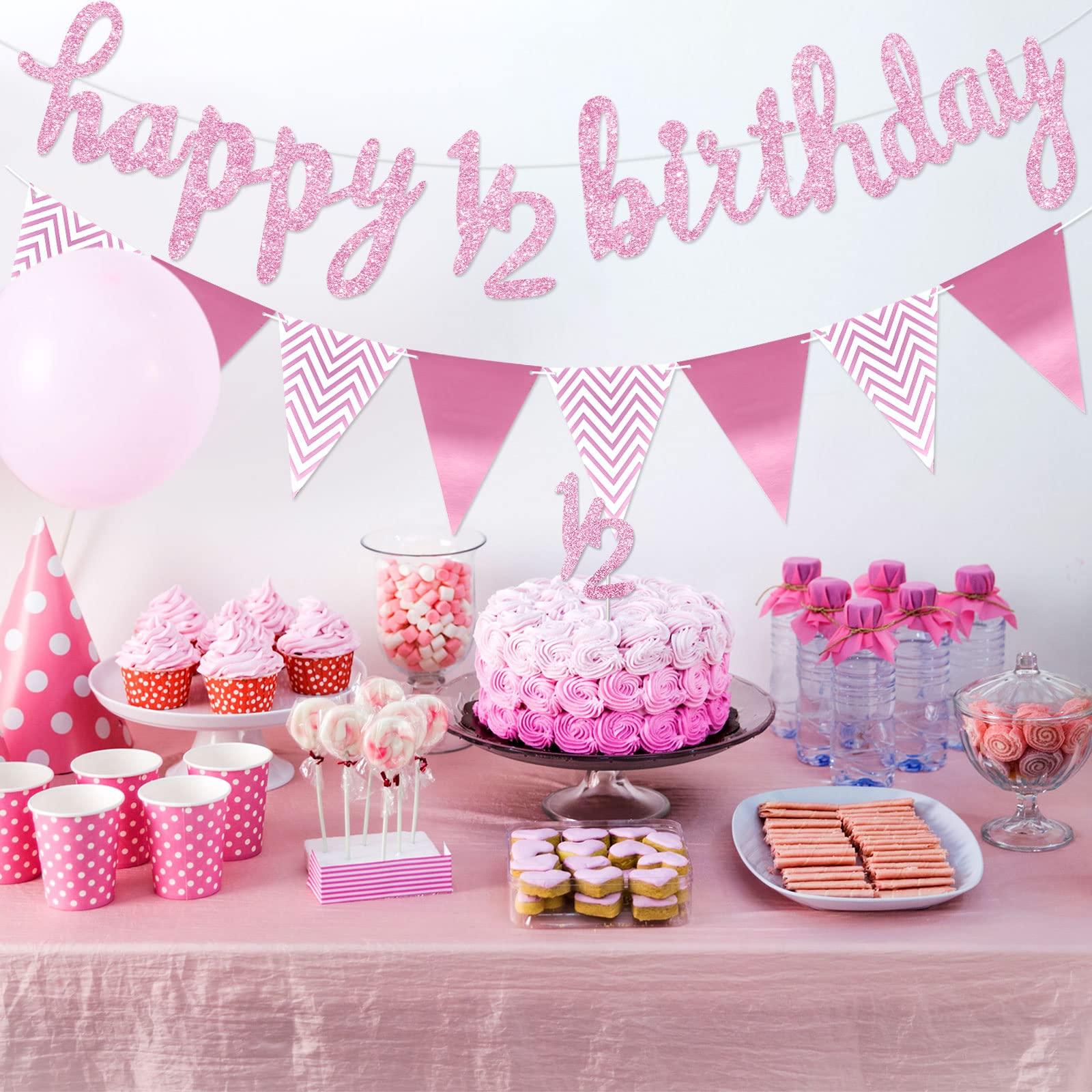 Boao 6 Months Banner Happy Birthday Banner Happy 1/2 Birthday Banner Glitter 1/2 Half Year Cake Topper Triangle Flag Banner for Half Year Baby Shower Birthday Party Decoration, Pre-strung (Pink)