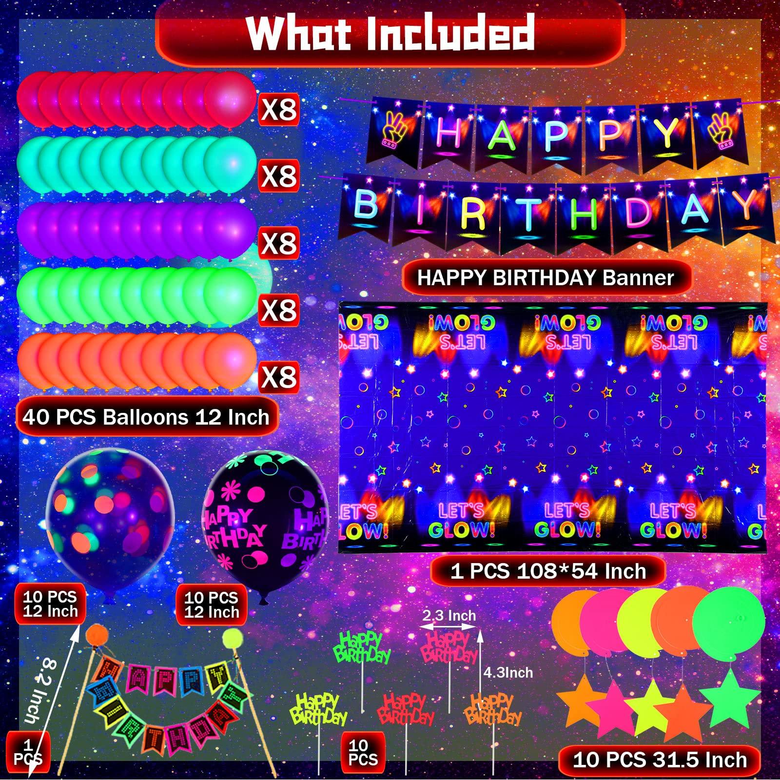 Zhanmai Zhanmai Neon Party Decorations Glow in the Dark Birthday Supplies Set Neon Balloons Fluorescent Happy Birthday Banner Tablecloth Blacklight Hanging Stars Cake Toppers for Glow Party Halloween Decor