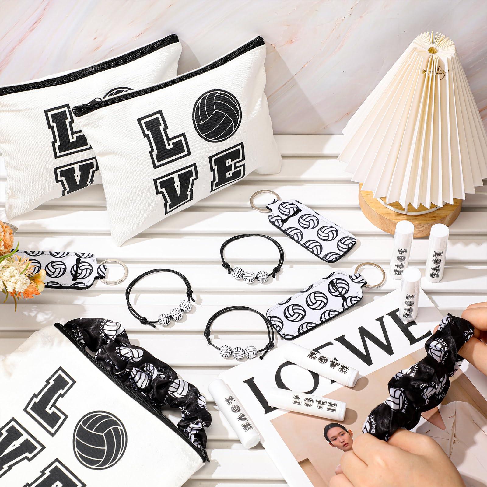Heigble Heigble 60 Pcs Volleyball Gifts Volleyball Party Favors Volleyball 12 Cosmetic Makeup Bags 12 Hair Scrunchies 12 Charm Bracelet 12 Lip Balm 12 Volleyball Lipstick Holder Keychain for Team Gifts