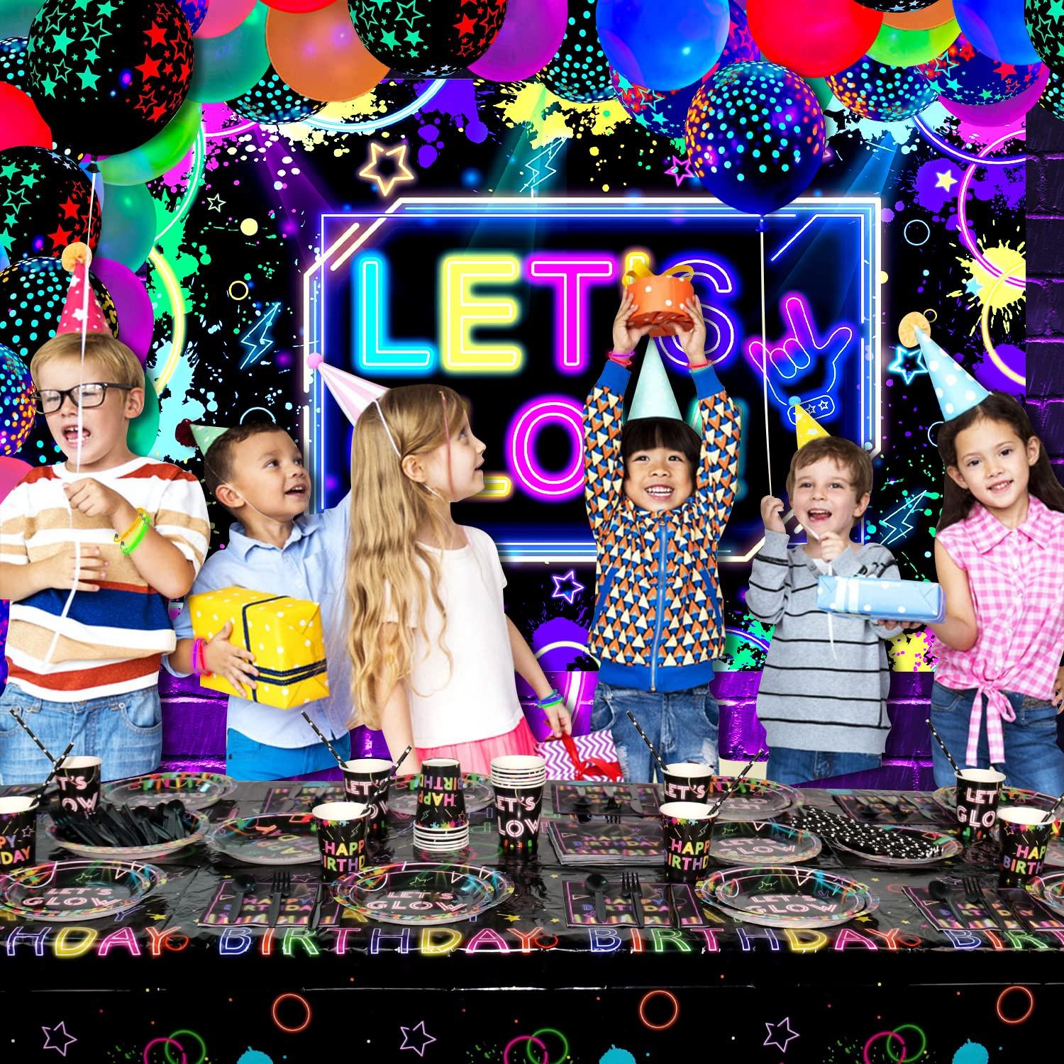 Ywediim Glow Neon Party Supplies - Glow in the Dark Birthday Let\'s Glow Backdrop Banner, Plates, Glow Sticks, Tablecloths, Cups, Napkins, Neon Balloons, for Blacklight Party Decorations Serves 20 (Set A)