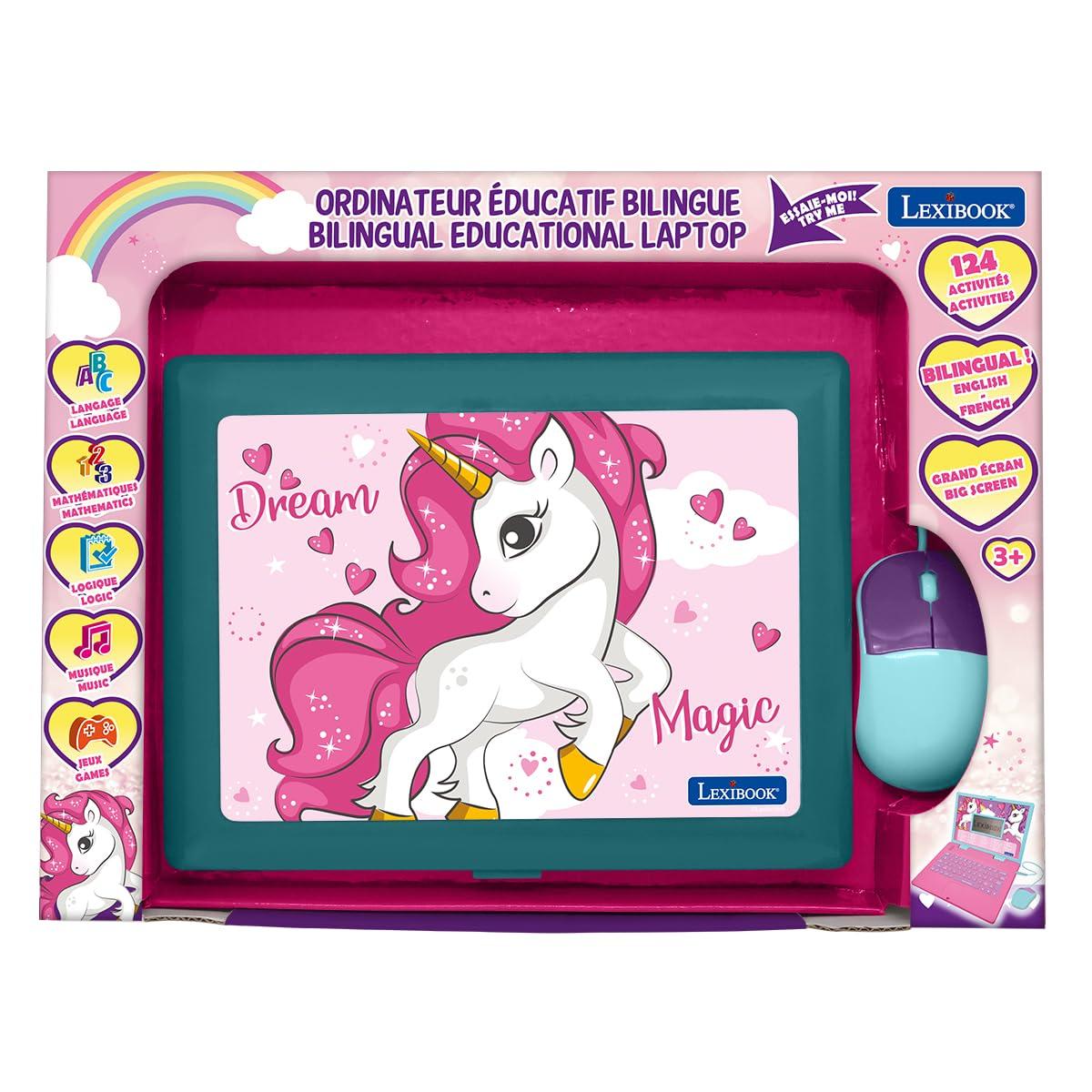 LEXiBOOK LEXiBOOK - Unicorn Educational and Bilingual Laptop Spanish/English - Toy for Children with 124 Activities to Learn Mathematics, Dactylography, Logic, Clock Reading, Play Games and Music - JC598UNIi2