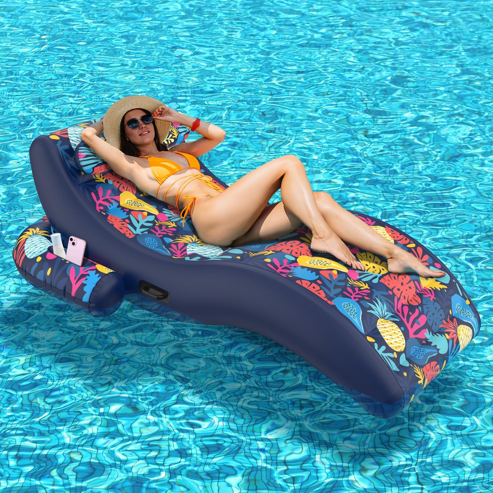Sunikko X Sunikko X 2-in-1 Pool Floats, Inflatable Pool Floats Adult Lounge Chair with Cup Holder Tanning Pool Float, Heavy Duty Water Float Raft for Pool Floating with Pillow, Hawaii Style