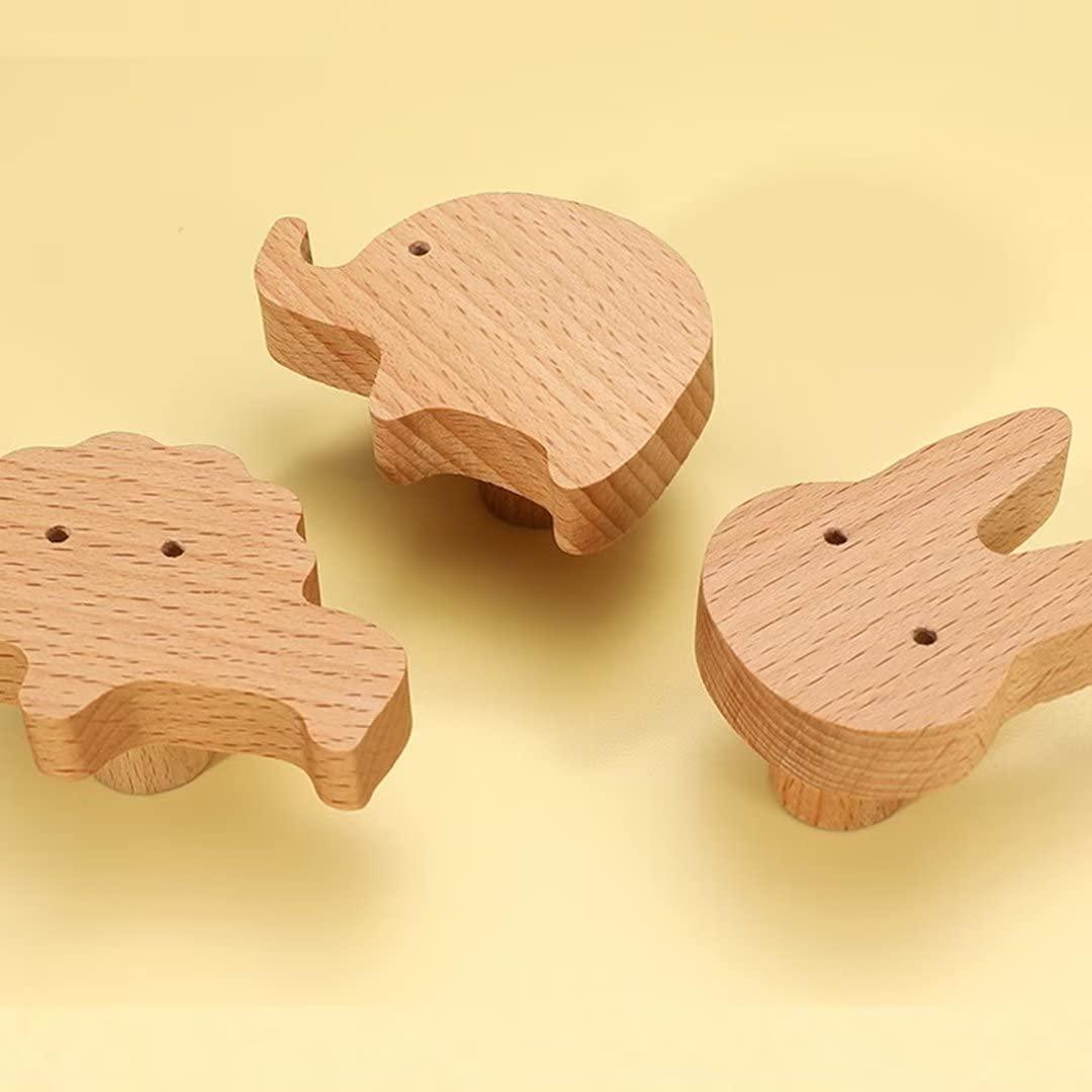ToysCentral Basics 5 Pack Wood Elephant Knobs Drawer Handle Dresser Handles Kitchen Cabinet Knobs for Nursery Room, Kids Dresser Knobs Wooden Pull Door Closet Bathroom Furniture Handles Natural Wood Hooks (Elephant)