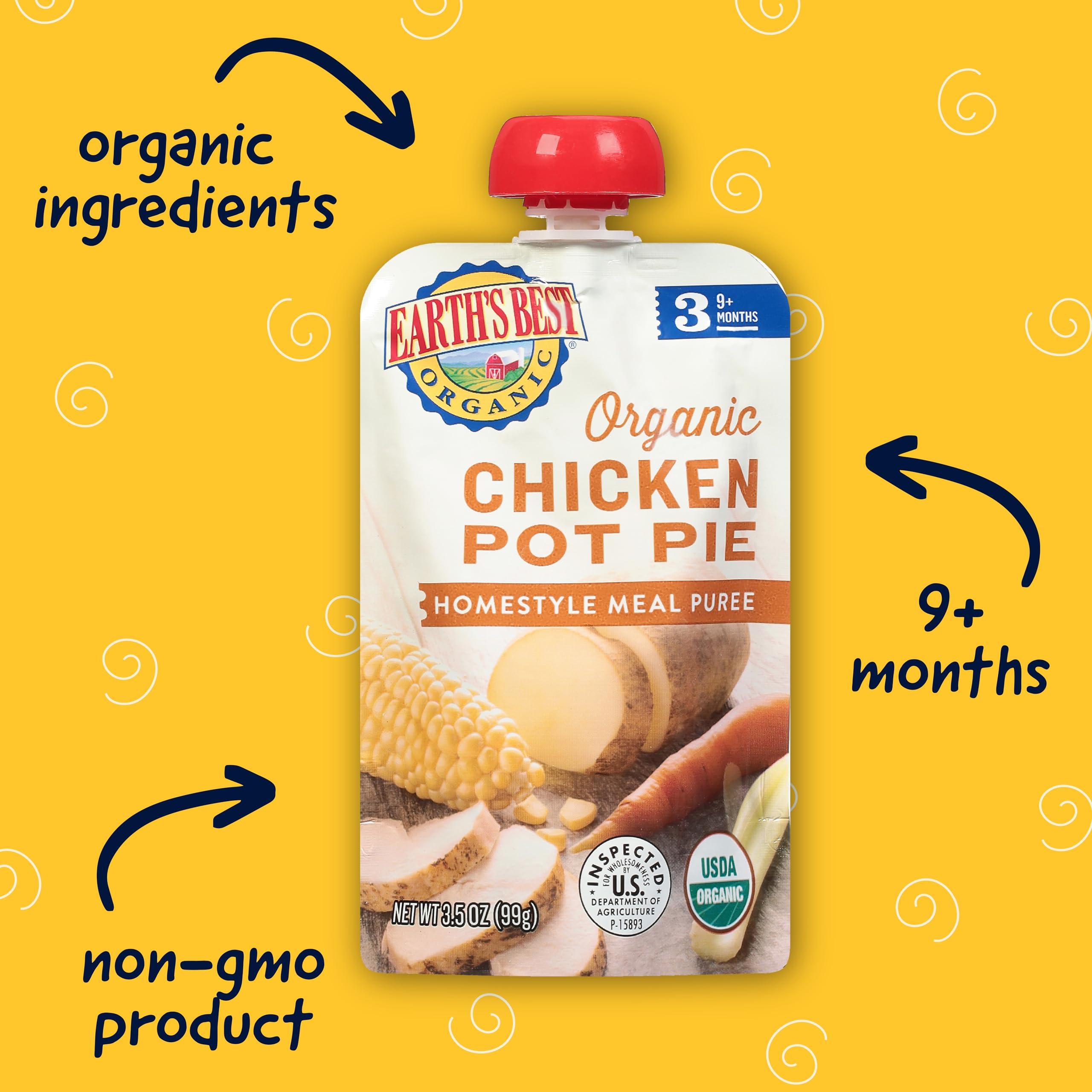 Earth's Best Earth's Best Organic Baby Food Pouches, Stage 3 Homestyle Meal Puree for Babies 9 Months and Older, Organic Chicken Pot Pie Puree, 3.5 oz Resealable Pouch (Pack of 6)