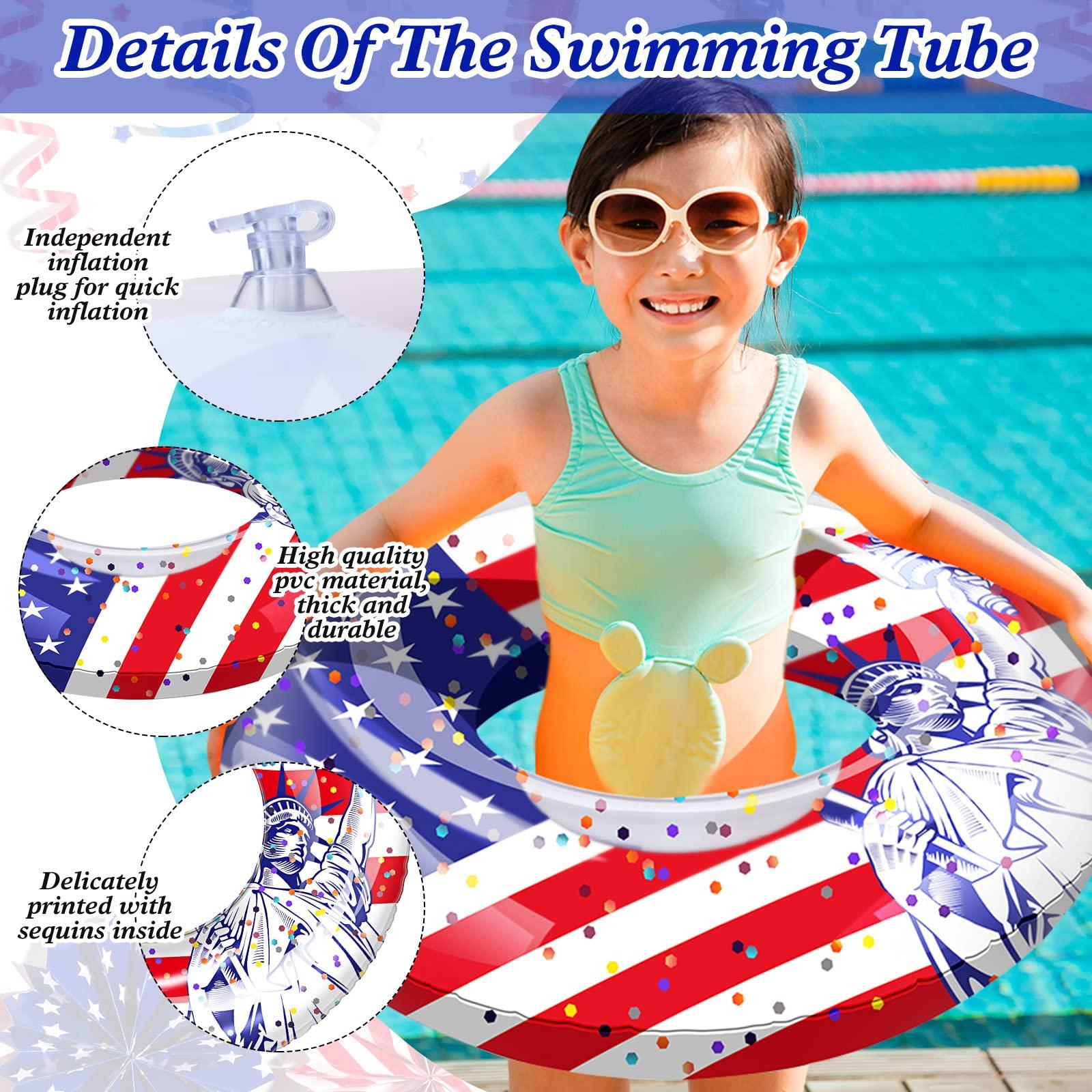 Wettarn Wettarn 4 Pcs 24 Inch Patriotic Inflatable Pool Float with Confetti USA Flag Swim Tube 4th of July Pool Tube Cool Pool Floaties Water Swimming Ring for Girls Boys Pool Toys Beach Lake Water Sports