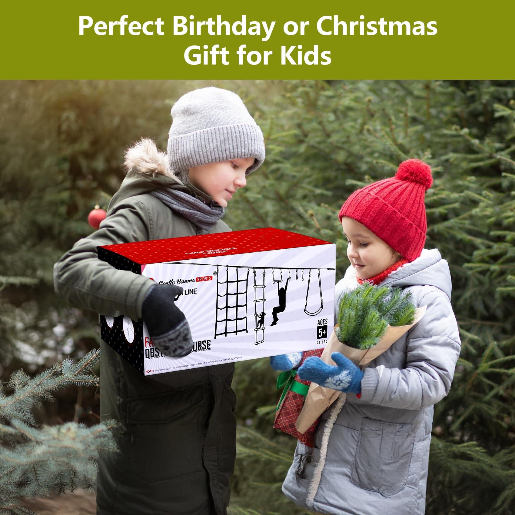 ninja line NINJA LINE 2X65FT Ninja Warrior Obstacle Course for Kids - Ninja Slackline with 14 Obstacles - Ninja Course for Kids with Swing, Ladder,Monkey Bar,Arm Trainer, Climbing Rope