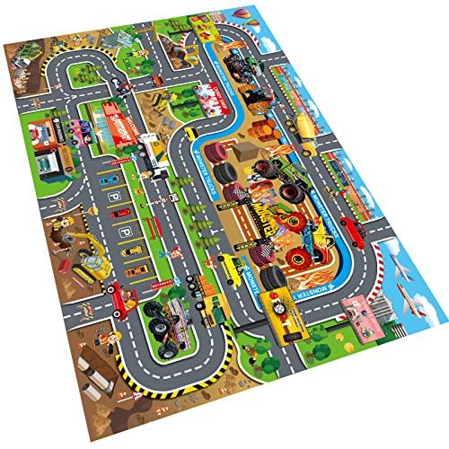 Oriate Oriate Kids Toy Dream Mat Monster Truck Activity Playmat, Multi Color Parent-Child Interaction Game Rug, Ideal Children\'s Educational Floor Mats for Monster Cars Construction Truck Toys 552-M