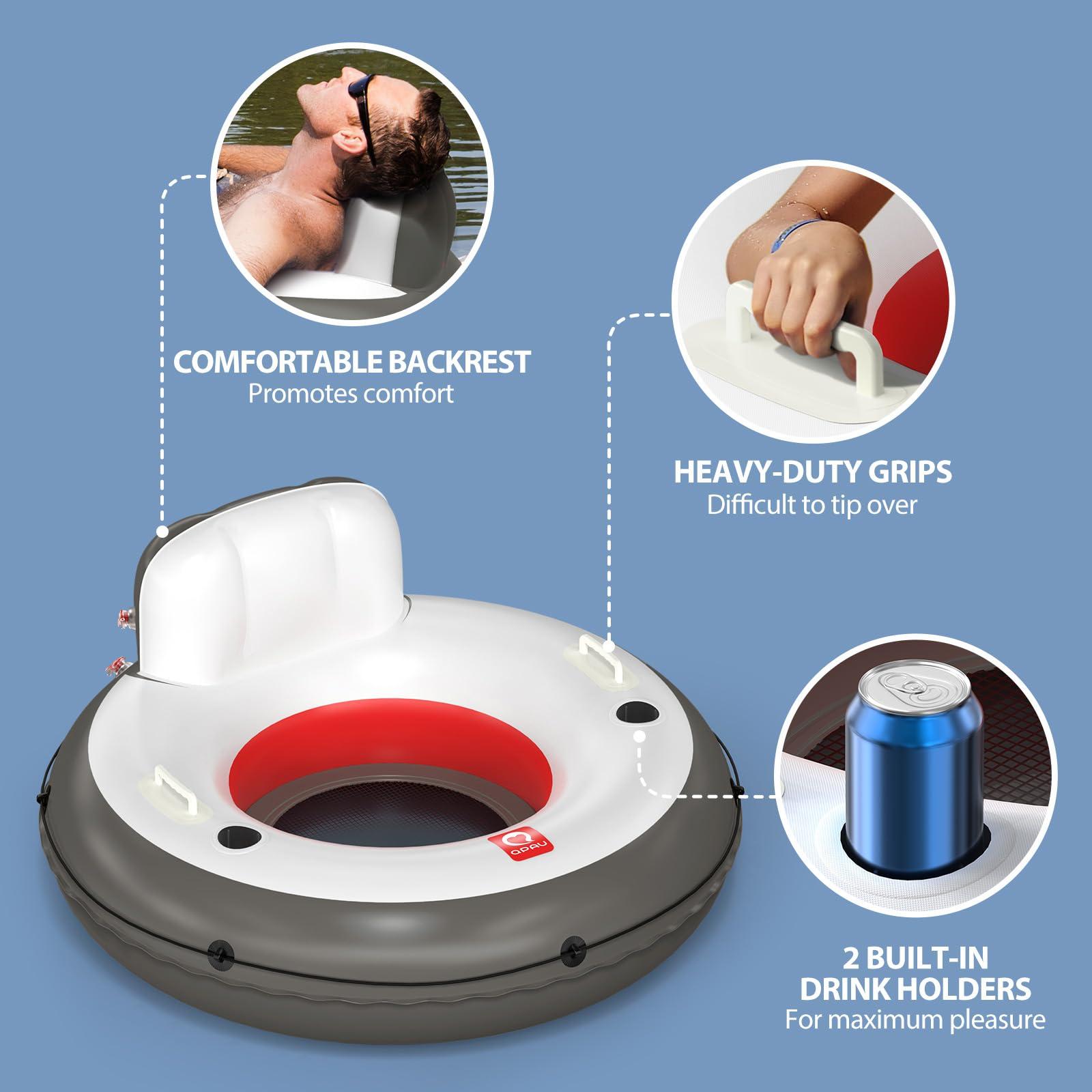 QPAU QPAU Inflatable Tube, 0.4 mm Thickened Puncture-Resistant Heavy Duty Float, River Raft with Ergonomic Backrest, Mesh Bottom & 2 Cup Holders for Family Friends Lake Float