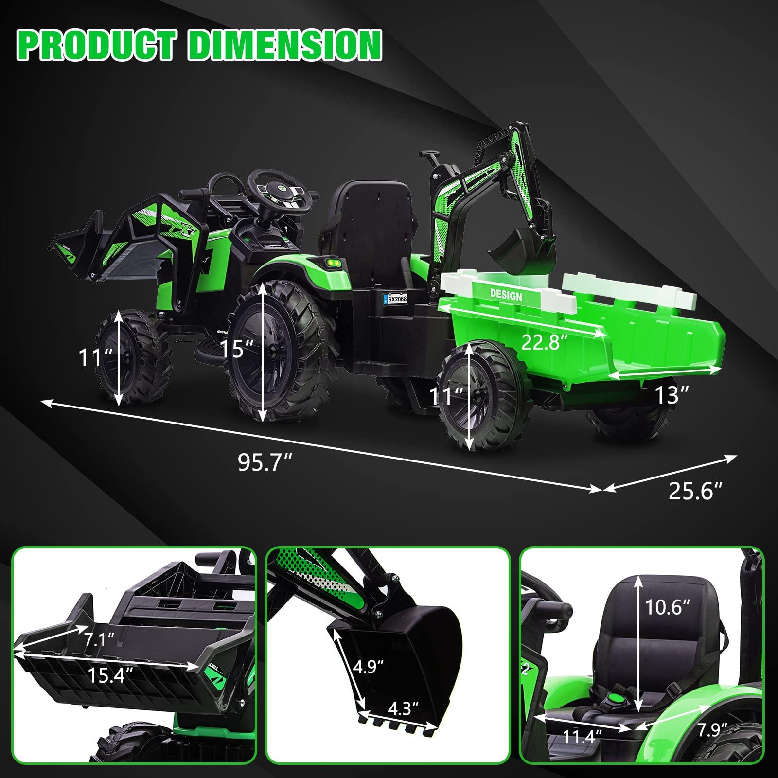 Hetoy 24V 3 in 1 Kids Ride on Tractor, Excavator & Bulldozer, Electric Vehicle w/Trailer, Digger, Shovel Bucket, Remote Control, EVA Tires, LED Lights, Music & USB, Ride on Car Toy, Green