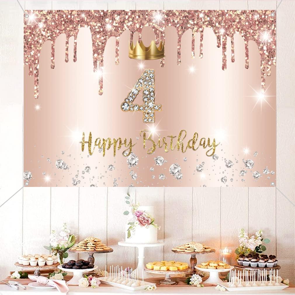 Tecreo Happy 4th Birthday Decorations Backdrop Banner for Girls 4 Years Old Fabric Sign Poster Rosegold Photography Background 4th Birthday Party Supplies, 59\"x35.4\"