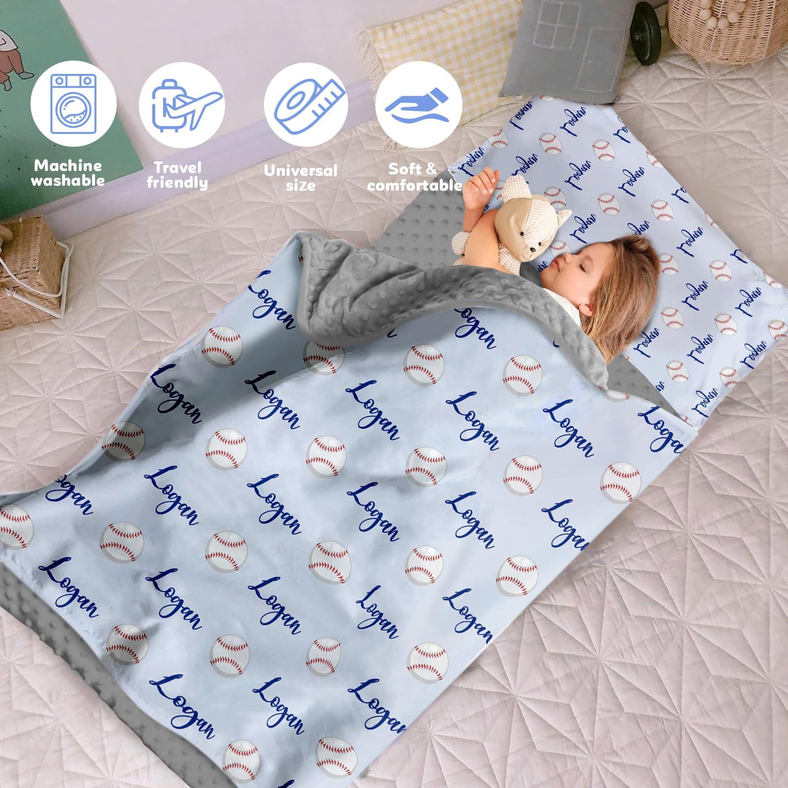 Evulum Custom Nap Mat for Daycare Toddler Boys - Sleeping Bag for Kids Nap Mats with Pillow Blanket for Preschool Kindergarten, Personalized Name Easy Carry Nap Sack Baby Blue Baseball
