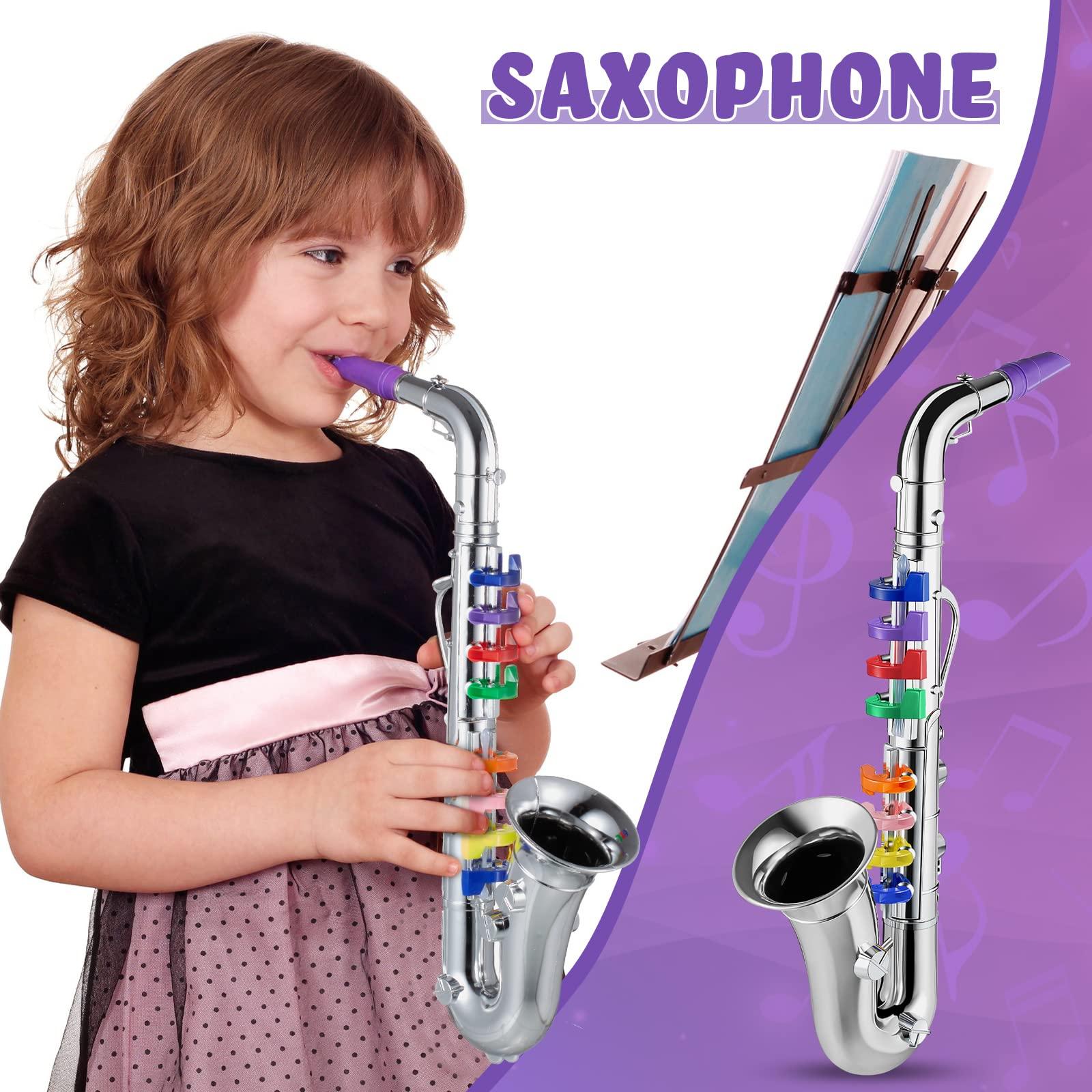 Lewtemi Lewtemi Set of 3 Saxophone for Kids Musical Instruments Toy Saxophone Toy Trumpet and Clarinet with 8 Colored Coded Keys Teaching Songs Gifts for Toddlers Children(Silver)