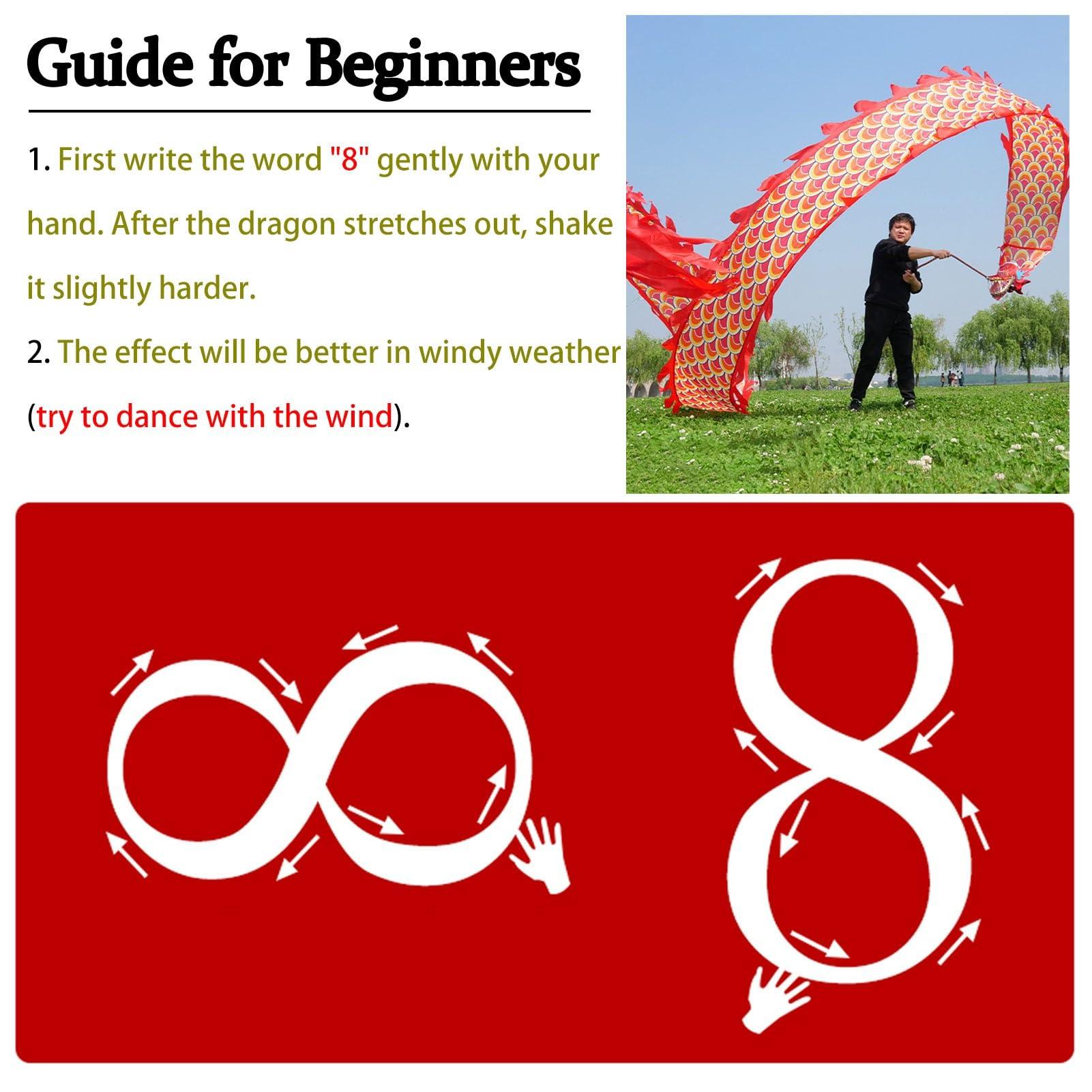 YANBI YANBI Dragon Poi 8m Traditional Dragon Dance Streamer, Washable Silk-Like Spinning & Shaking Poi Set with Dragon Head, Portable Art Dragon Poi Sports Tool (Color : Rainbow)