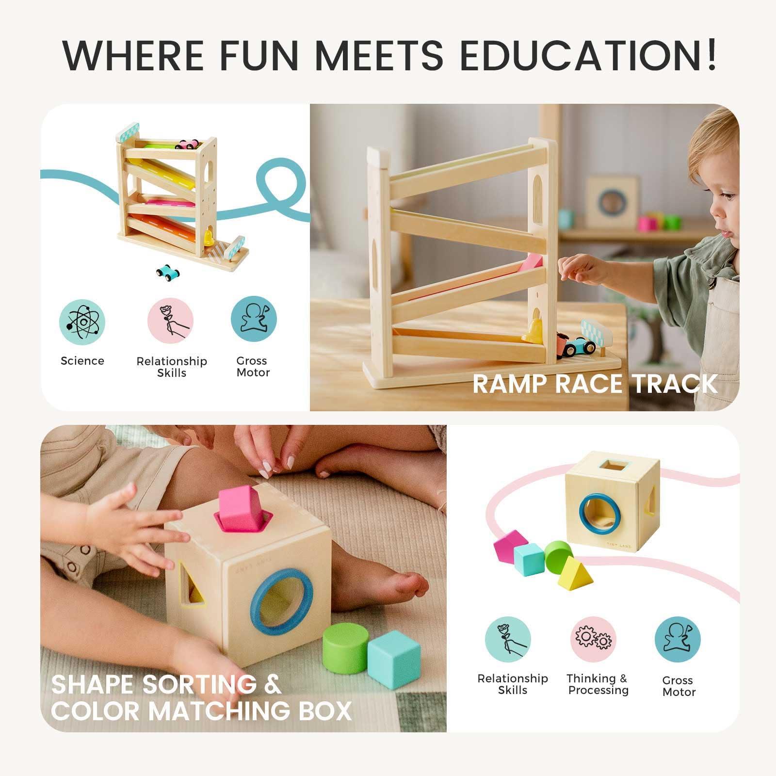 Tiny Land Tiny Land Montessori Toy Set for Baby 16-18 Months Adventure Play Kit - 7-in-1 Ramp Race Track, Shape Sorting and Color Matching Box, Lacing Beads Set, Silicone Nesting Dolls, Animals Board Book
