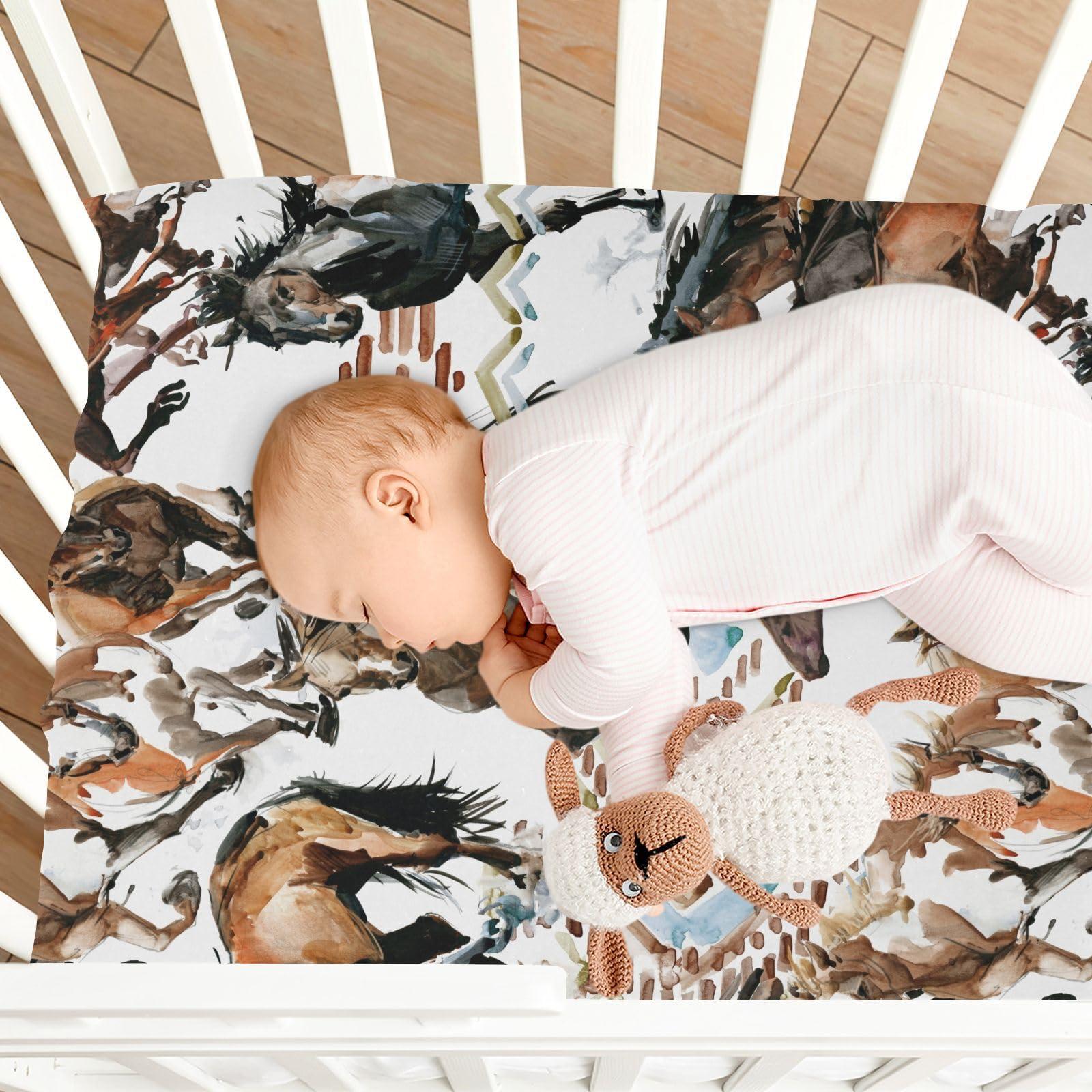 CaTaKu CaTaKu Crib Sheets for Boys Runing Horses Western Fitted Baby Sheets for Mini Crib, Nursery Mattress Sheets Toddler Bed Sheets for Baby Boys 27"x 39"