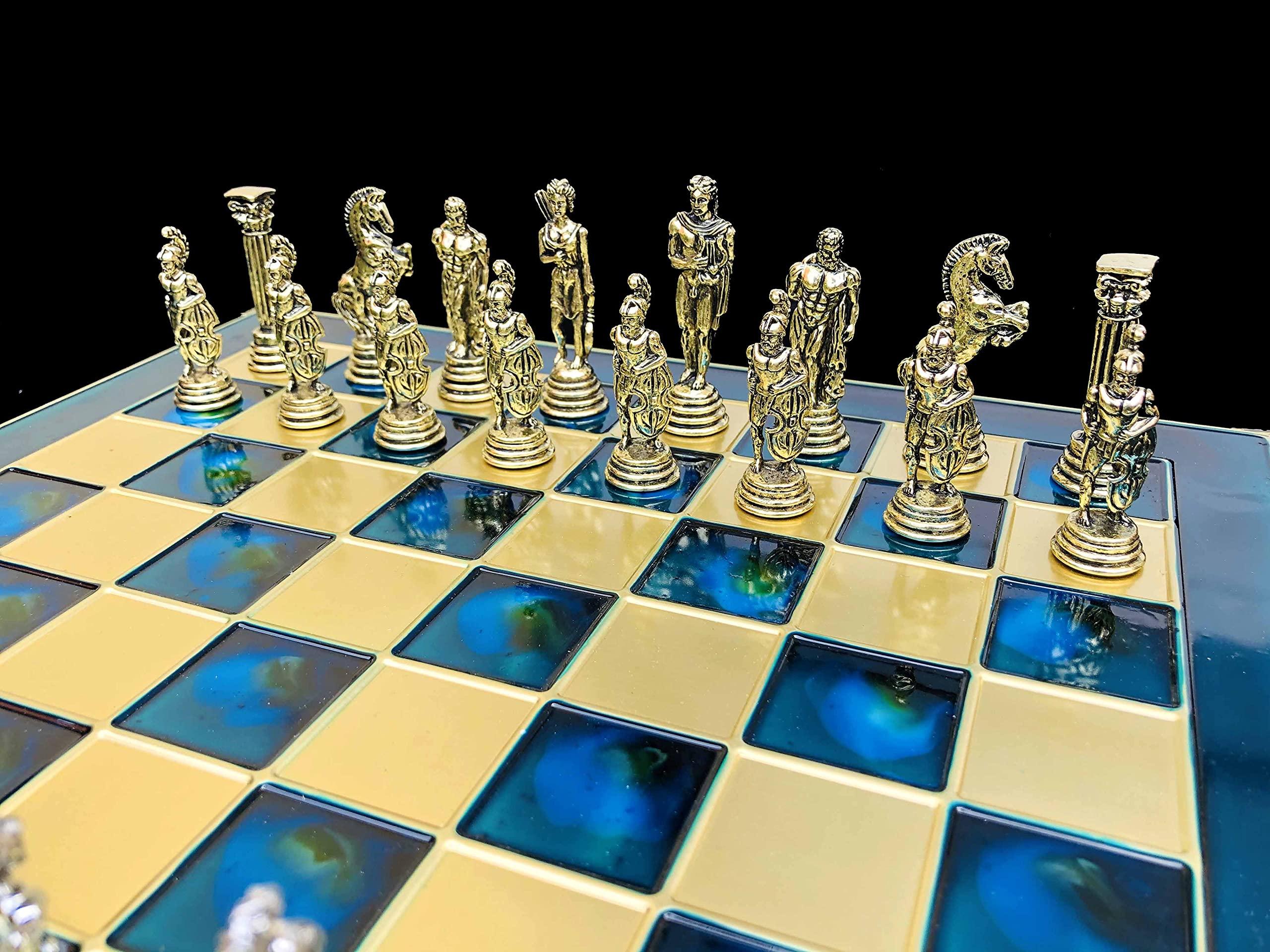 The Chess Empire The Chess Empire --Greek Warrior Complete Metal Weighted Luxury Chess Set with 32 x 32 cm Turquoise Oxidation Chess Board with Chess Pieces-Luxury Metal Unique Chess Set