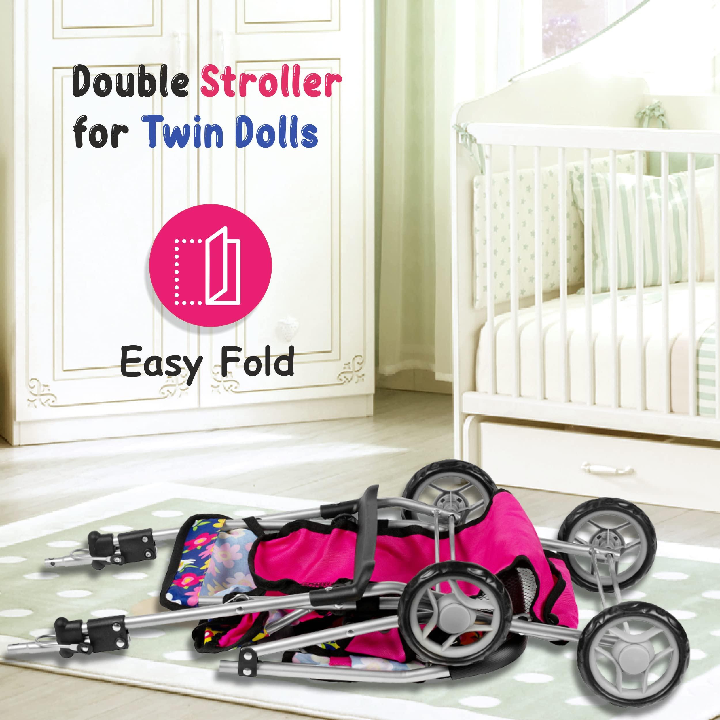 fash n kolor fash n kolor Twin Baby Doll Stroller - Pretend Play Baby Stroller for Dolls - Toy Stroller with Storage Basket for Baby Doll Accessories Set - Flower Design Baby Stroller Toy for Kids - Folds Easily