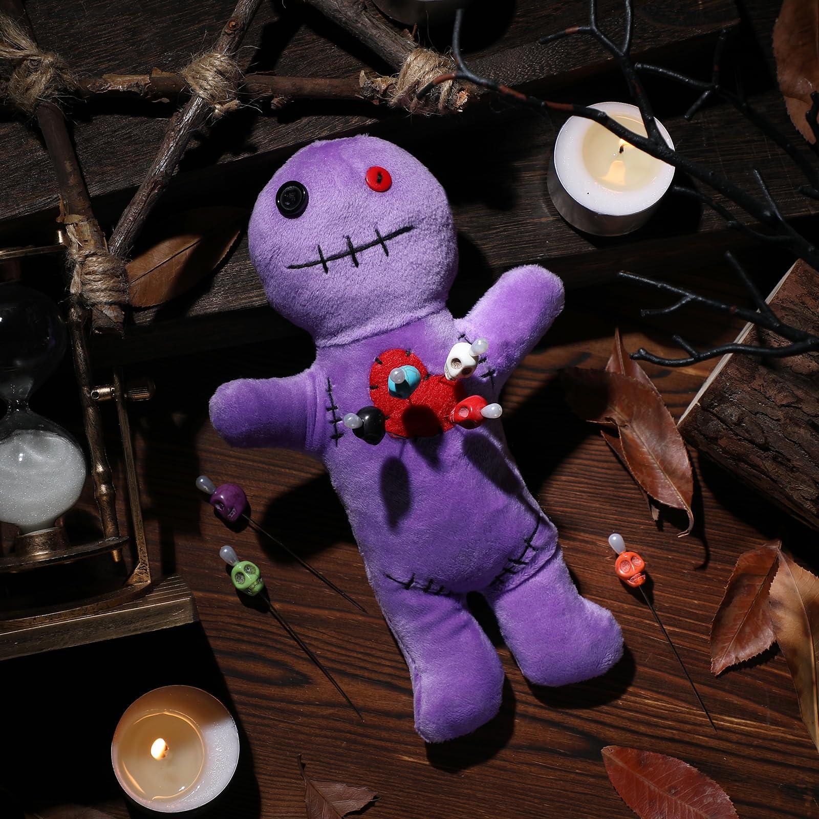 Kathfly Kathfly 8 Pcs Voodoo Doll Set Include Horror Doll, 7 Pcs Skull Pins Ghost Soft Revenge Dammit Creepy Pin Holder Voodoo Resin Metal Straight Pins Stress Relieving(Purple)