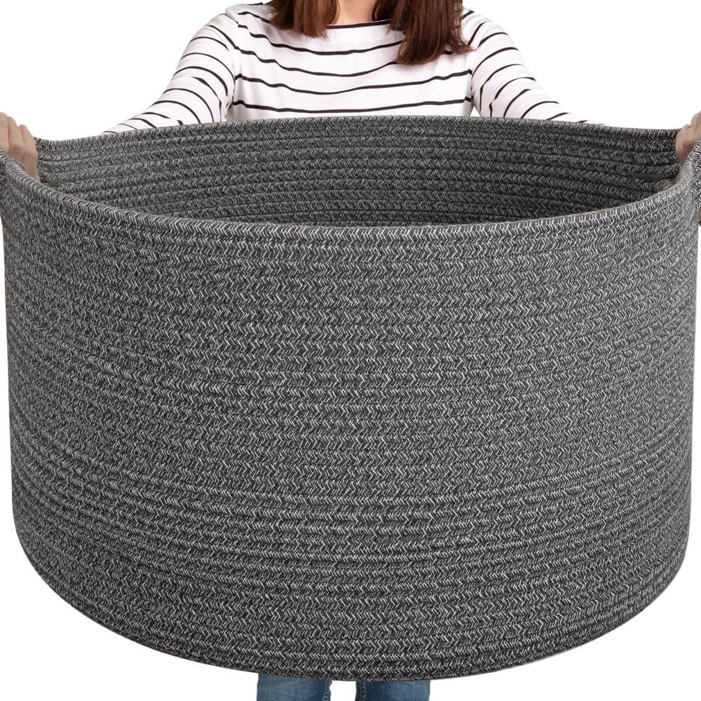 OIASKET OIASKET Large Woven Baskets for Storage, 22.8" x 22.8" x 13" Blanket Basket Living Room, Baby Toy Storage Basket, Big Laundry Basket for Clothes, Pillows, Towels, Shoe Basket for Entryway (Dark Grey)