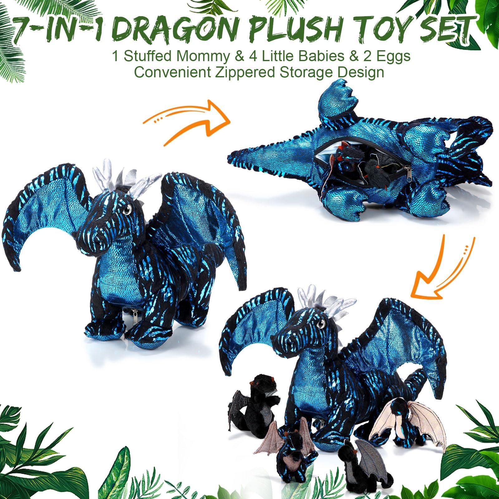 Deekin Deekin 7 Pcs Dragon Toy Set 16 Inch Large Dragon Stuffed Animal with 4 Cute Baby Plush Dragons and 2 Eggs in Mommy Dragon\'s Belly Gifts for Christmas Boys Girls Birthday(Cool Style)