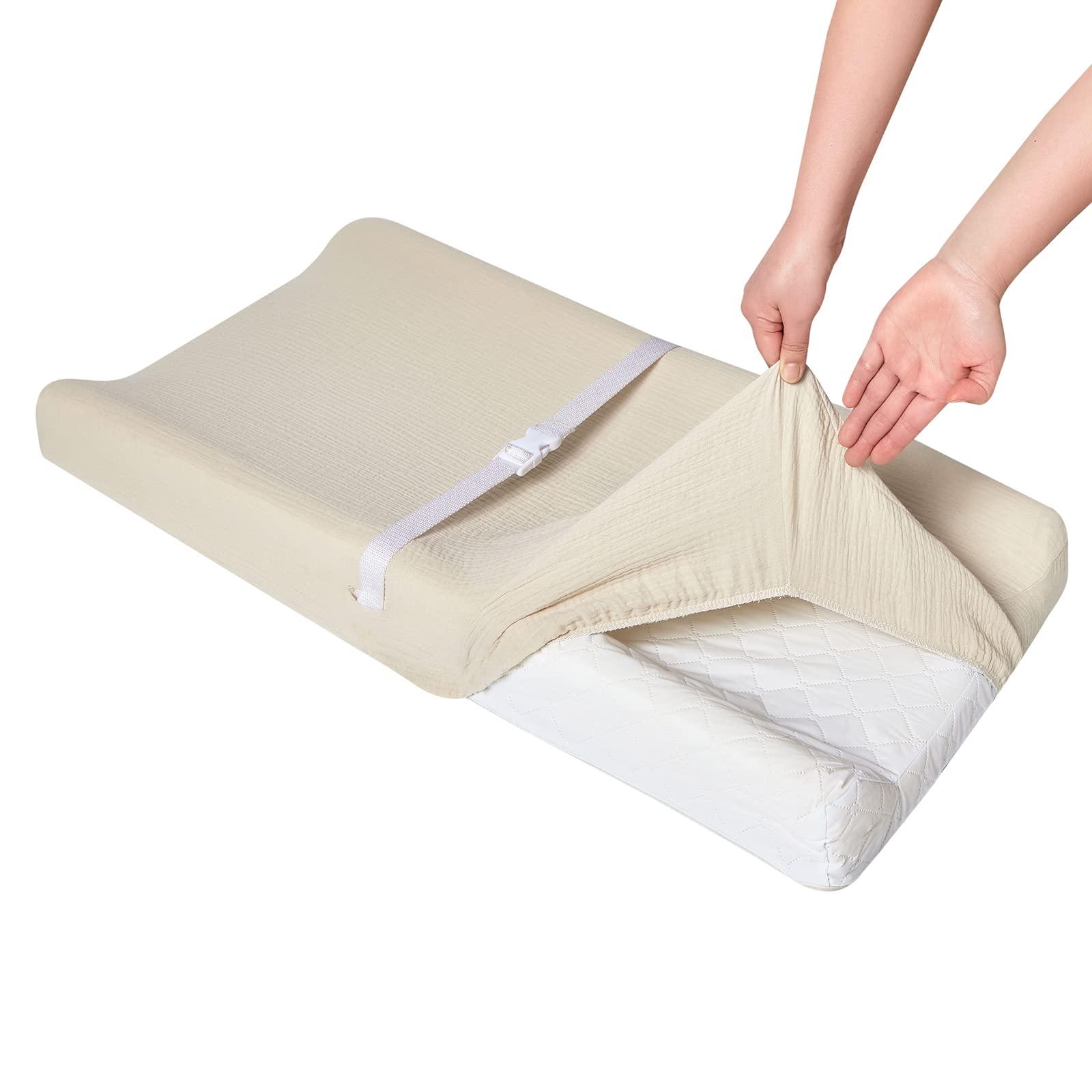Aullar Solid Muslin Changing Table Pad Cover Cradle Sheet, Fits 32"/34''x16 Contoured Diaper Changing Pad, Ultra Soft Cozy Muslin Cotton Changing Table Covers, Breathable Wipeable Removable (Sand)