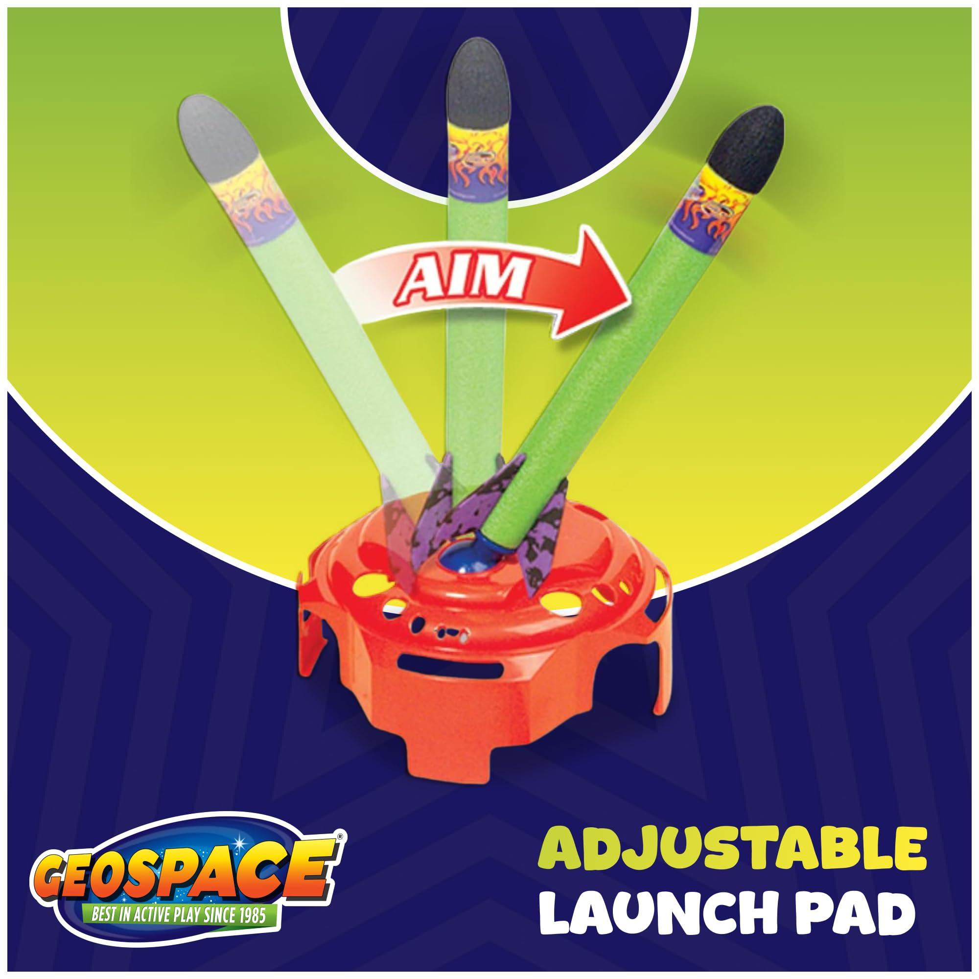 Geospace Geospace Jump Rocket Deluxe Size Set Single Pump 6 Flying Foam Rockets Outdoor Toys for Kids, Boys & Girls Stomper Rocket Set Leg Powered Stomper Rockets Toy - Cool Toys for Fun