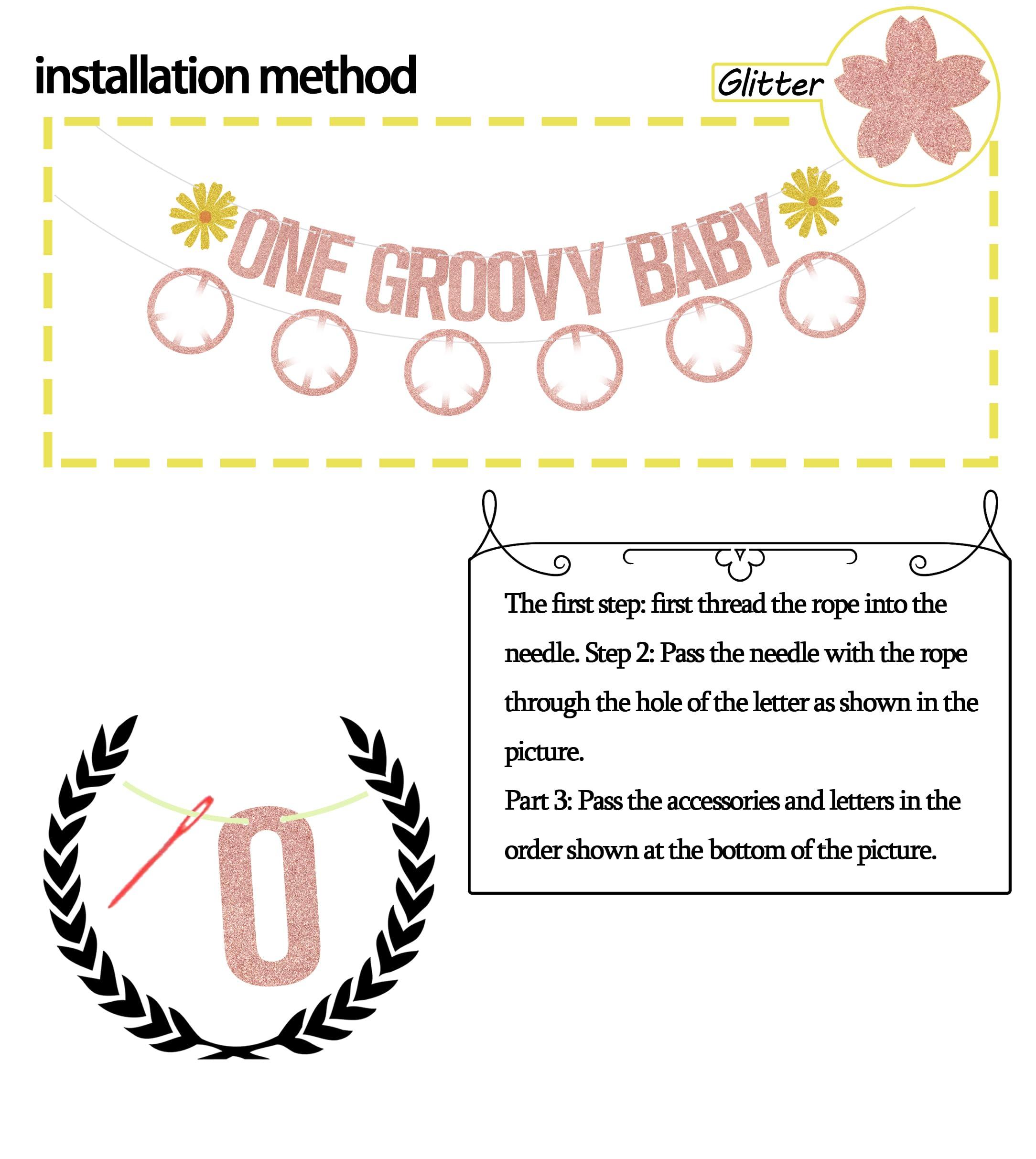 Gtoirpecx One Groovy Baby Banner,Groovy 1st Birthday Decorations,Groovy One Banner For Hippie Party Decorations,One Groovy Baby Birthday Decorations Girl/Boy Rose Gold Glitter