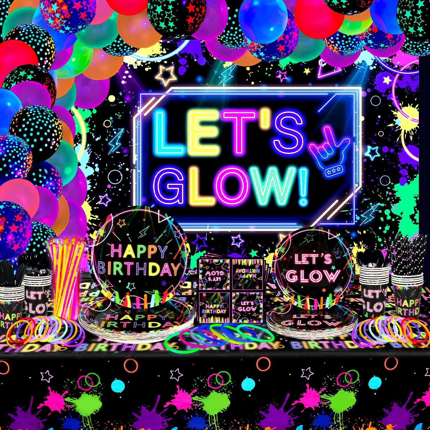Ywediim Glow Neon Party Supplies - Glow in the Dark Birthday Let\'s Glow Backdrop Banner, Plates, Glow Sticks, Tablecloths, Cups, Napkins, Neon Balloons, for Blacklight Party Decorations Serves 20 (Set A)
