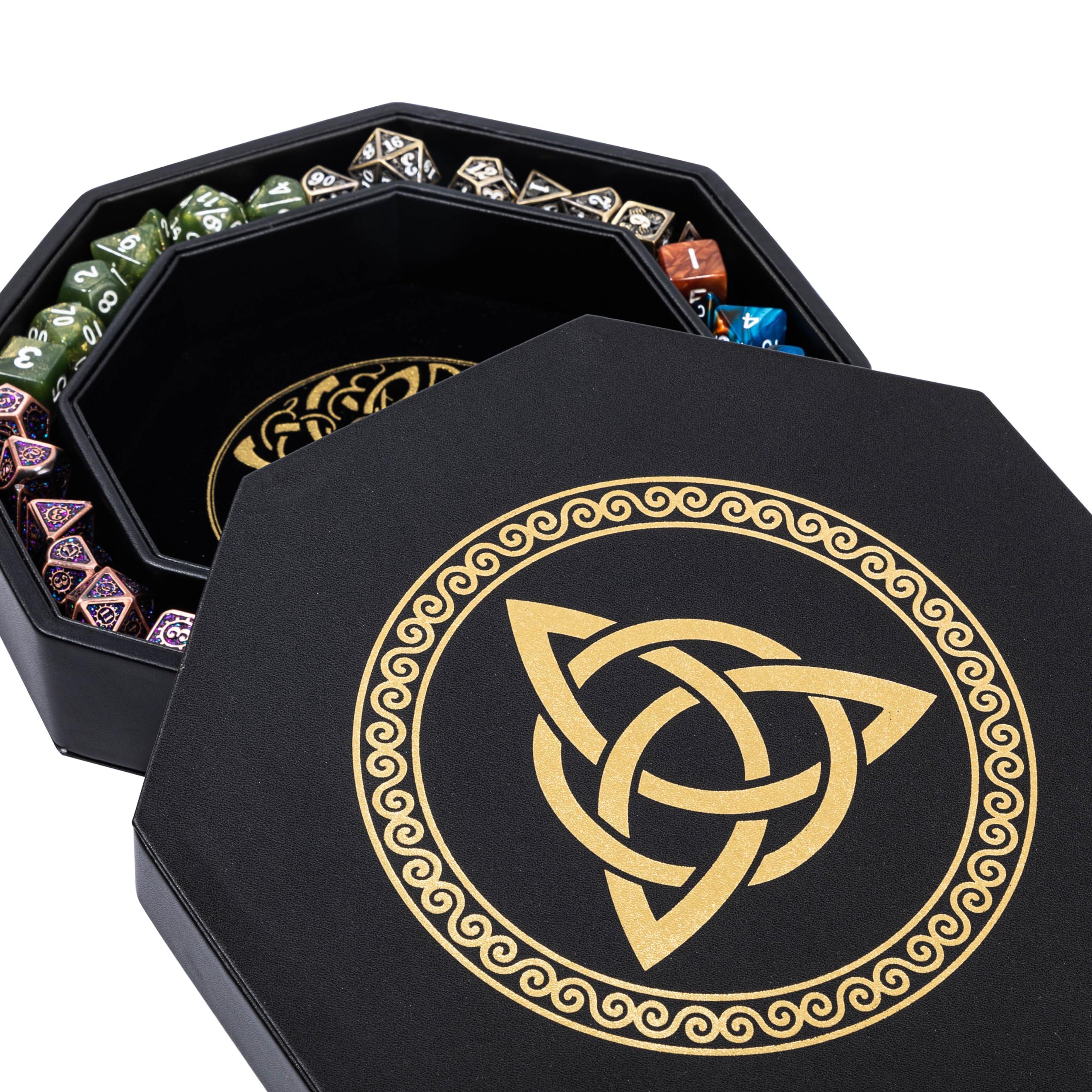 Soar Forge DND Dice Tray - Premium 8 Inch Tray Dungeons and Dragons - Exquisitely Detailed Gold World Tree & Triquetra Design - Perfect Rolling & Box Storage to Protect Your Dice for D&D and RPG