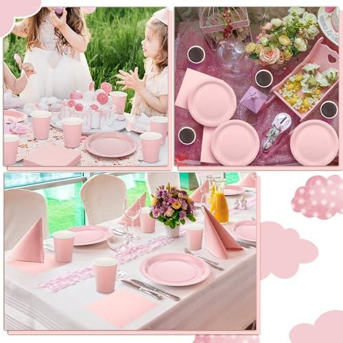 Hushee Hushee 200 Pcs Pink Party Supplies Set Pink Paper Plate and Napkins Serves 50 Guests Pink Disposable Plates Napkins Cups for Baby Shower Decorations for Girl, Pink Party Decorations
